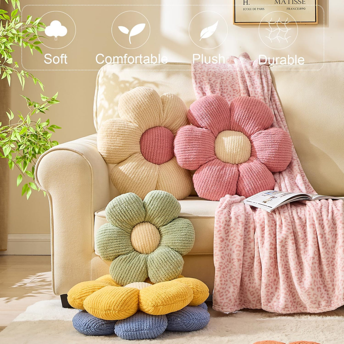 XIAIJIA Flower Pillow, Pink Daisy Throw Pillows, Flower Cushion 15.7 Inch | Decorative pillows, cute flower shaped pillow, flower pillows for bed, floral cushions, decor for bedroom, couch, sofa