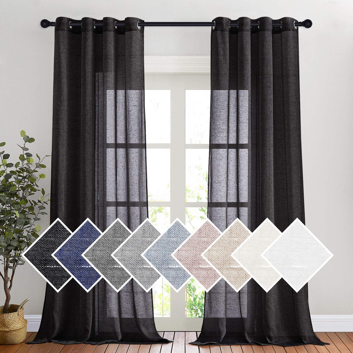 NICETOWN White Sheer Linen Curtains for Living Room 84 inch Length 2 Panels Set, Grommet Semi Sheer Privacy with Light Filtering Flax Window Treatments for Bedroom, W52 x L84