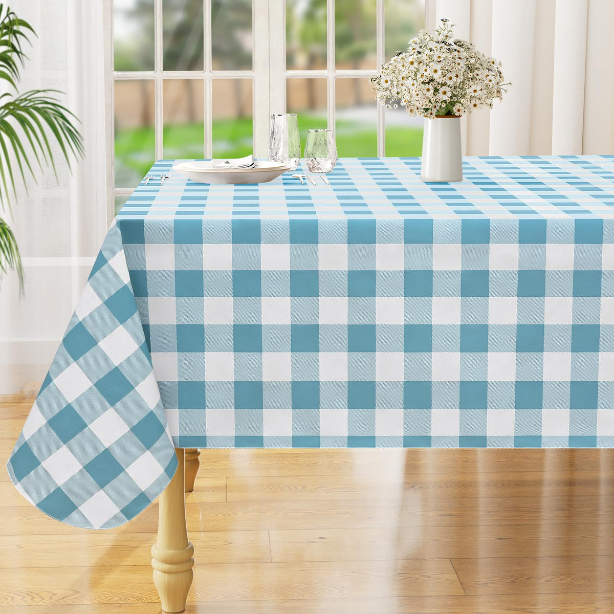 Rectangle Waterproof Vinyl Table Cloth, Buffalo Flannel Backed Tablecloth, Wipeable Plastic Table Cover for Dinner, Kitchen, Outdoor (60" x 84", Black and White)