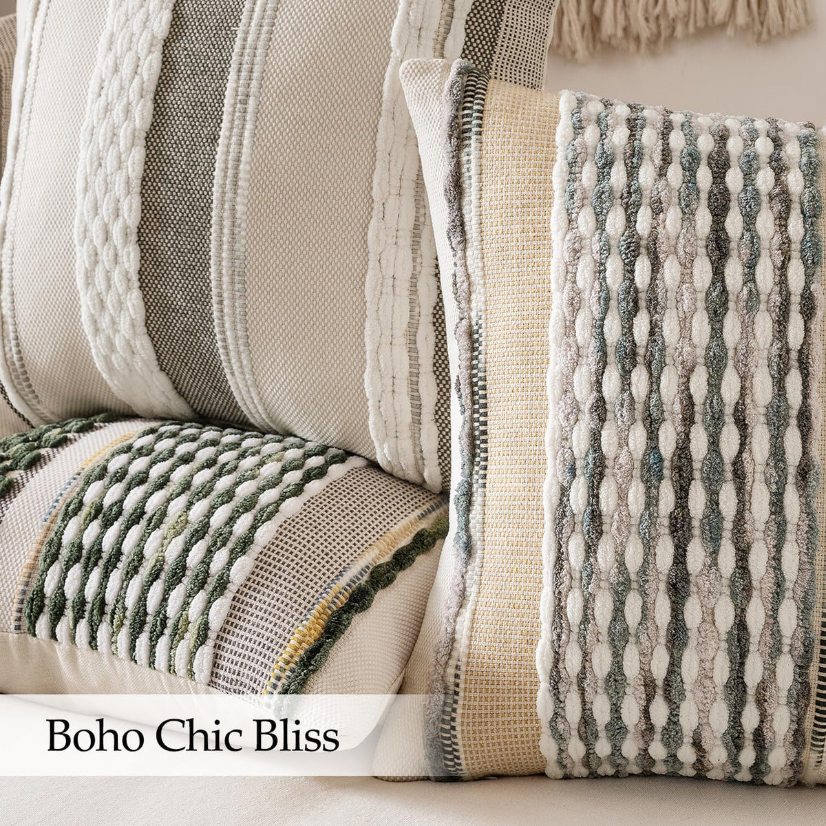 ANRODUO Boho Decorative Pillow Covers Olive Green Stripe 18x18 Pack of 2 | Throw Pillow Covers, Farmhouse Cushion Case, Chenille Pillow Cases, Pillow Covers, Accent Neutral Pillowcase for Couch Bed