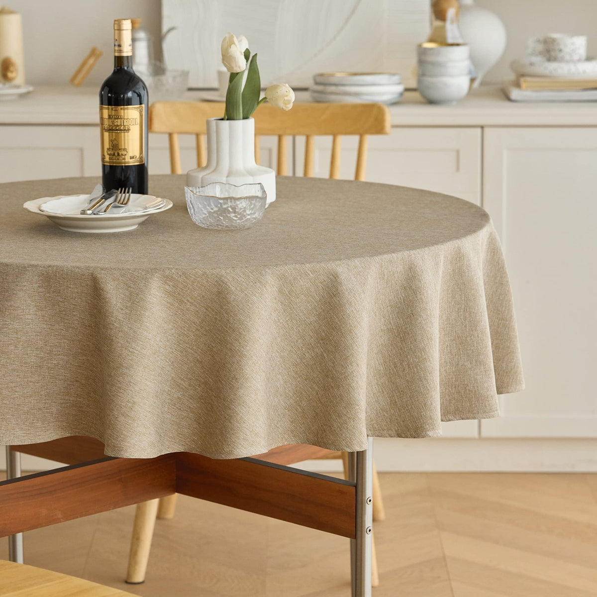 Decorelia Faux Linen Round Tablecloths 60 inch, Waterproof Decorative Washable Texture Rustic Circle Table Cloth Cover for Dining Kitchen Party Farmhouse Outdoor(Round (2-4 Seats),Sage Green)