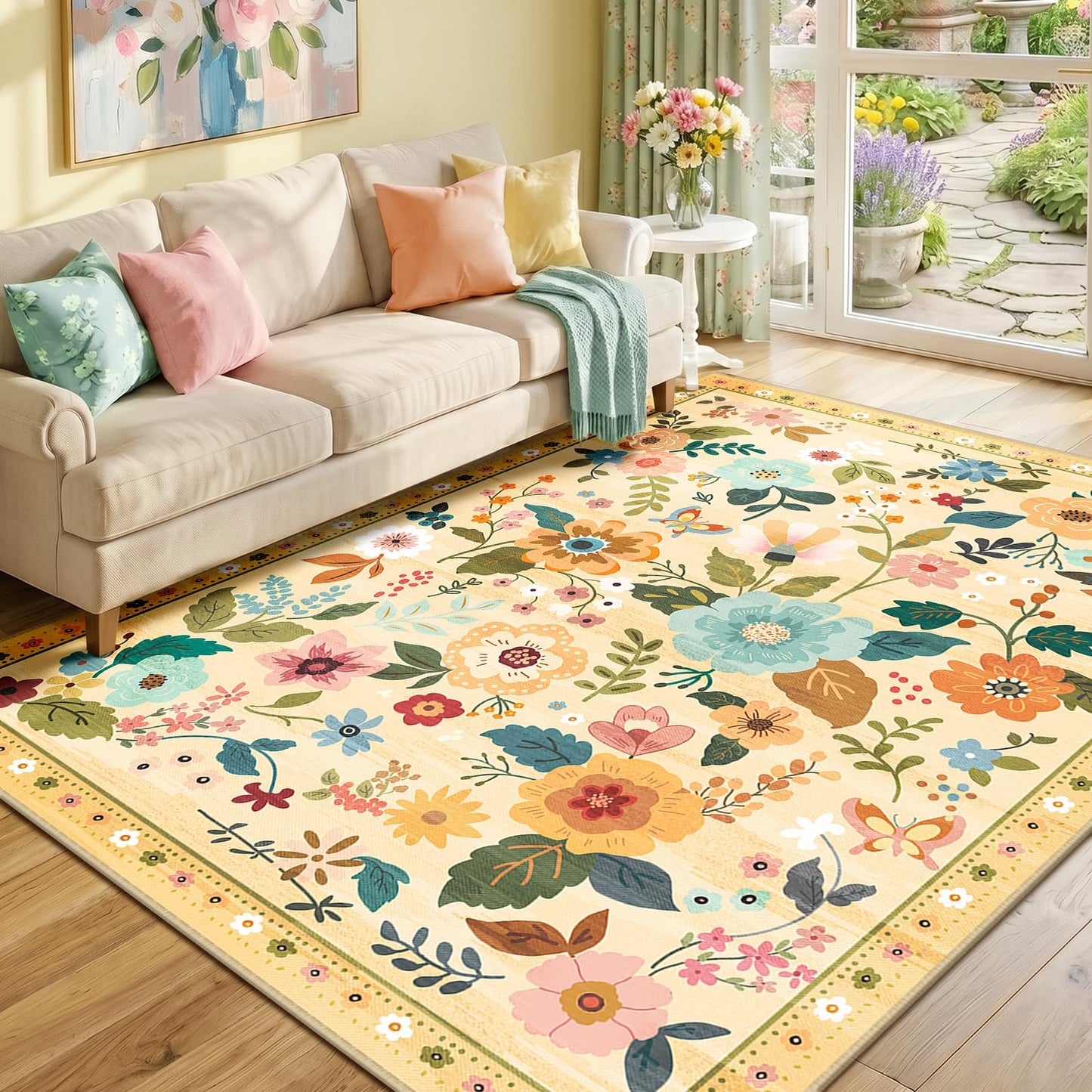 RELEANY Floral Washable 5x7 Area Rugs Beige/White/Orange | Flower Carpet, Print, Boho, Non-Slip, Easy to Clean, Soft, Low Pile for Living Room Bedroom Kitchen Office Entryway Hallway