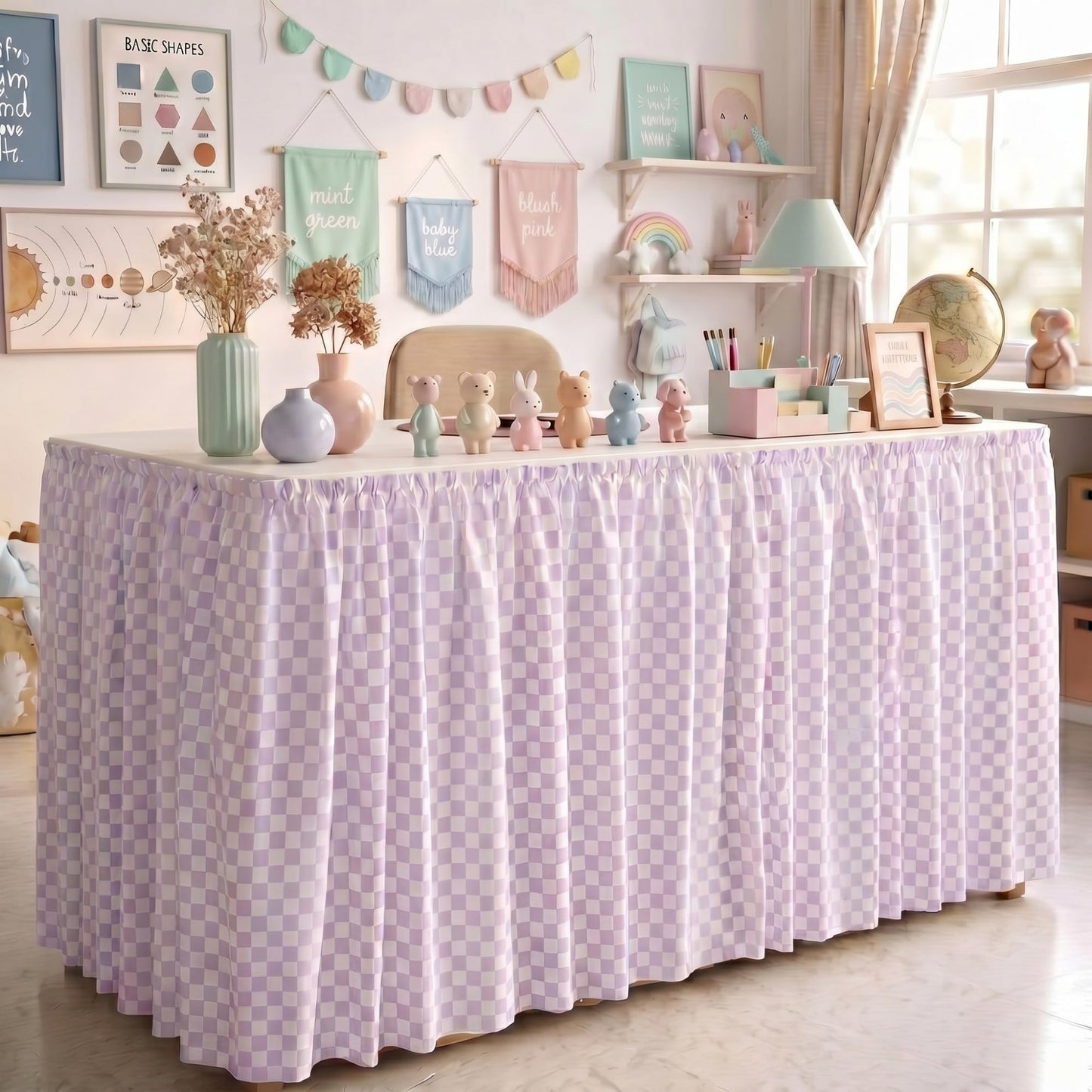 Teacher Desk Skirt 6 ft Pastel Checkered Classroom Decor | Ruffled Table Cover for Teacher Desk, Fits Kindergarten Office Decor, Back to School Classroom Supplies