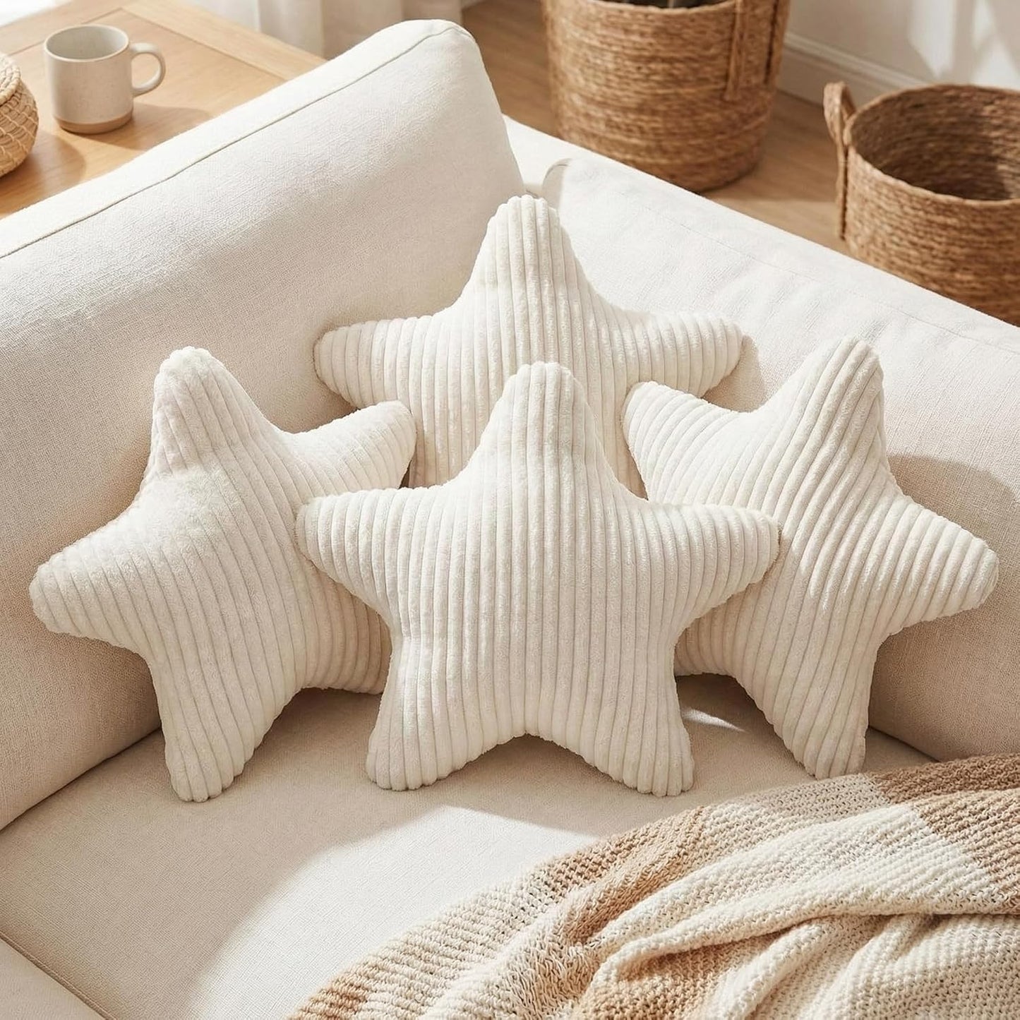 Qunclay 15" White Star Pillow Star Shaped Throw Pillows Decorative Soft Striped Faux Fur Plush for Couch Sofa Bed Modern Farmhouse Creamy Boho Aesthetic Home Bedroom Living Room Decor Boy Girl Gift