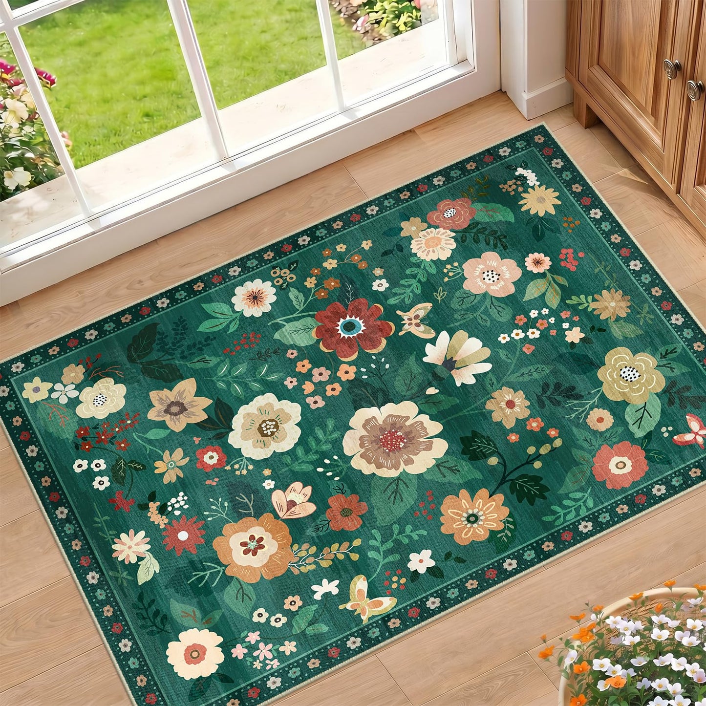 RELEANY Floral Washable 5x7 Area Rugs Beige/White/Orange | Flower Carpet, Print, Boho, Non-Slip, Easy to Clean, Soft, Low Pile for Living Room Bedroom Kitchen Office Entryway Hallway
