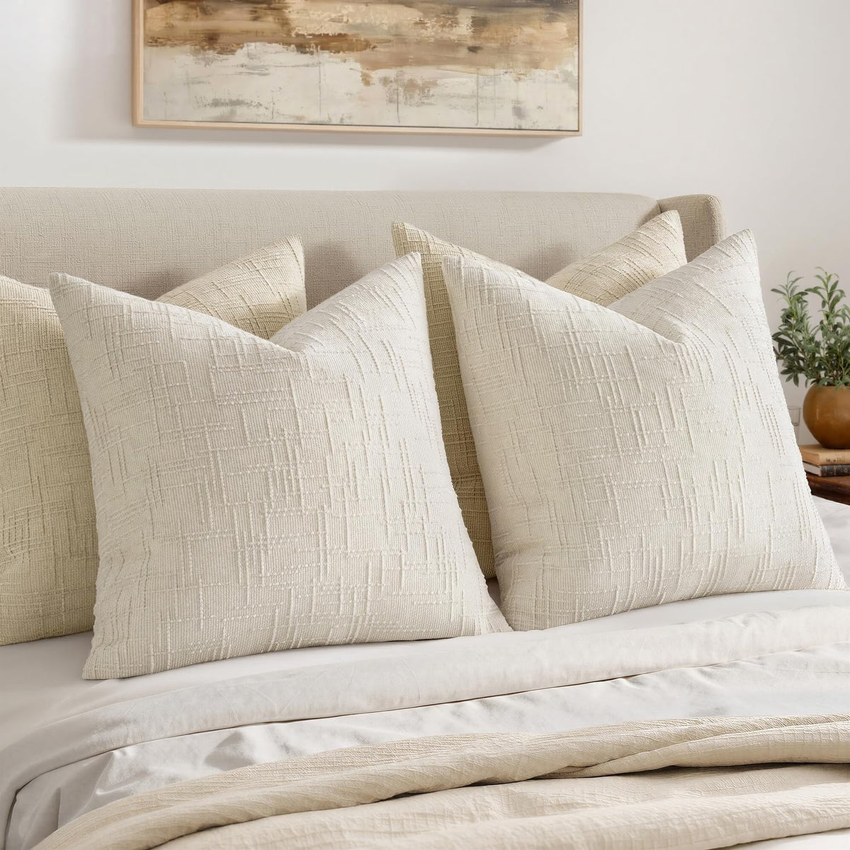 MIULEE Chenille Textured Throw Pillow Covers Cream White 18x18 Set of 2 | Slubby Decorative Pillows, Boho Farmhouse Home Decor, Modern Neutral Cushion Covers for Couch Sofa Bed Living Room