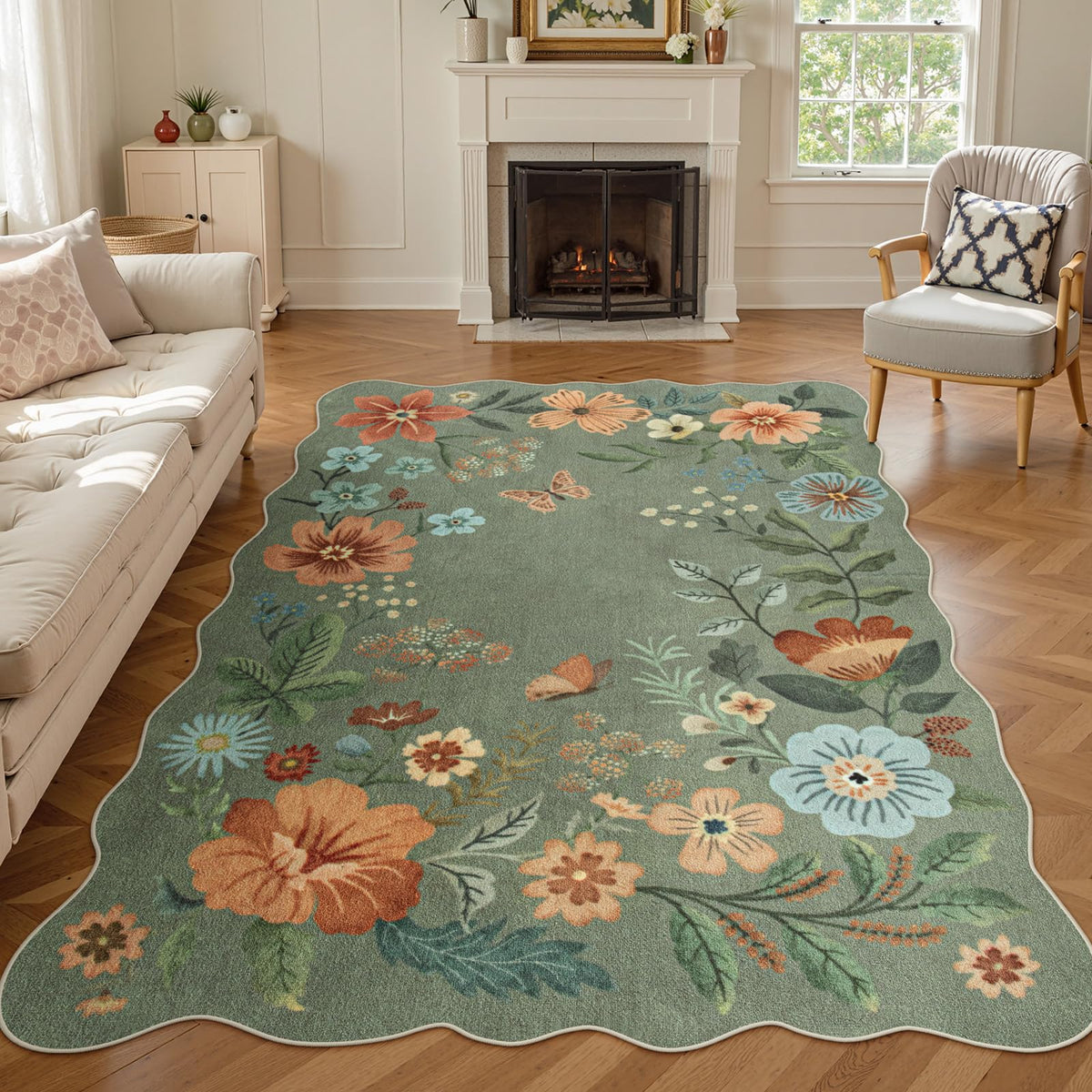 Lahome Floral Washable Living Room Rug, 5x7 Area Rugs for Bedroom Soft | Dining Room Rug Ultra-Thin Non Slip Stain Resistant Boho Low-Pile Throw Carpet for Office Flore (5x7ft, Beige)