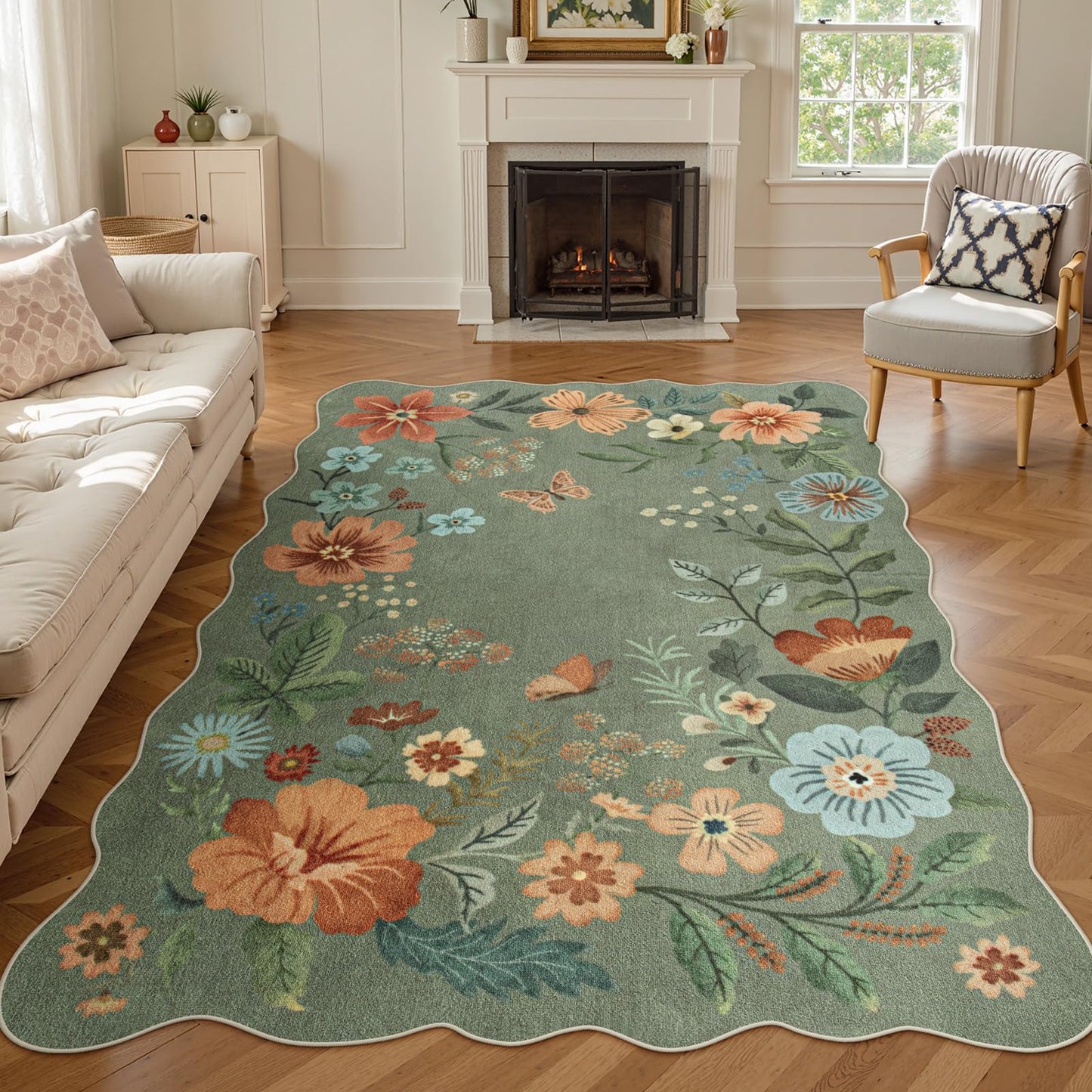 Lahome Floral Rugs for Living Room, 5x7 Area Rugs Ultra-Thin Soft Washable Rug, Non-Slip Bedroom Rug Stain Resistant Boho Flore Carpet for ‎Dining Room Office (5x7ft,Black/Grey)