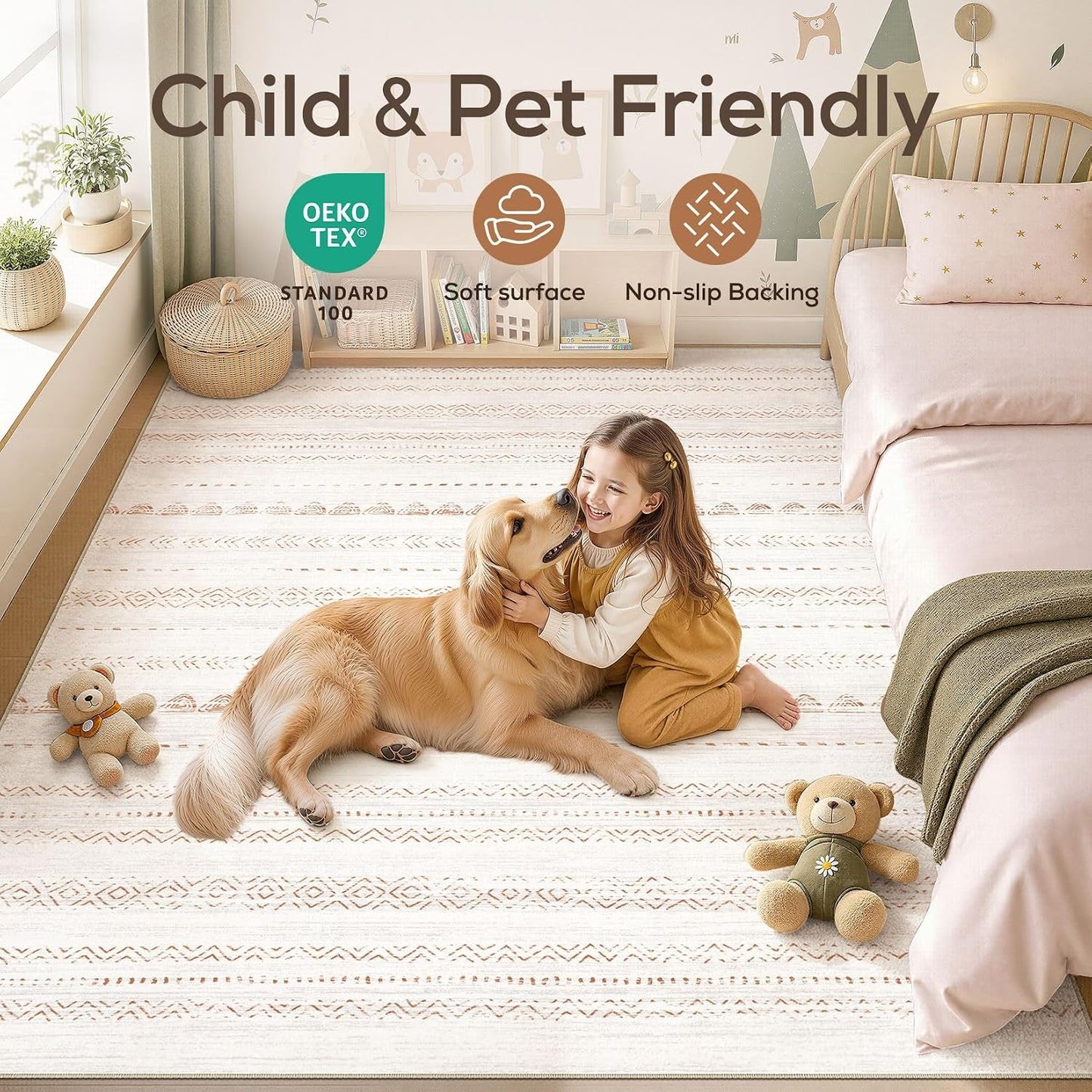 Nakagishi Boho 5x7 Area Rug Living Room Rugs Machine Washable Beige/Brown | Soft, Pet & Kid Friendly, Carpet for Living Room/Bedroom/Office/Kitchen/Nursery, Daily Home Decor Stain Resistant Moroccan