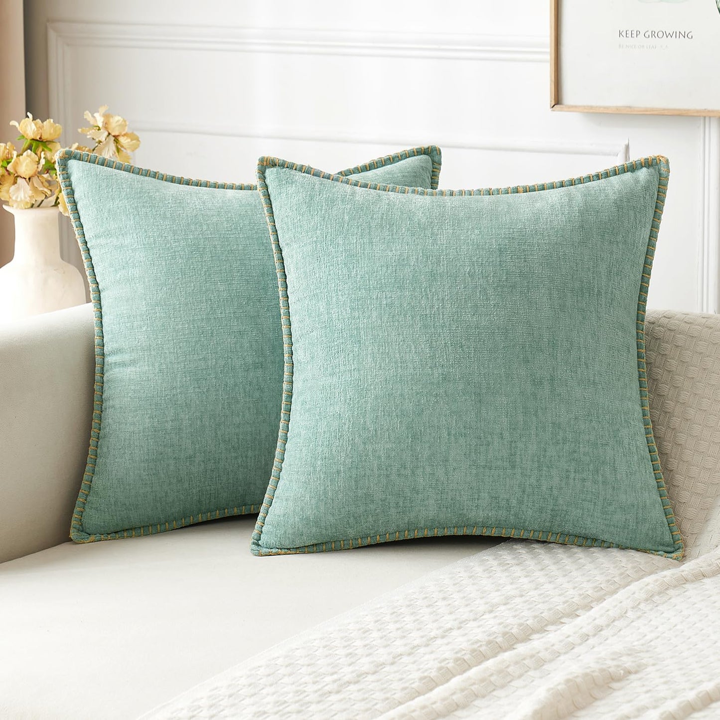 MIULEE Decorative Couch Throw Pillow Covers 18x18 Inch Sage Green 2 Pack | Farmhouse Pillow Covers with Stitched Edge, Soft Chenille Cushion Cases, for Sofa Bed Living Room Home Decor