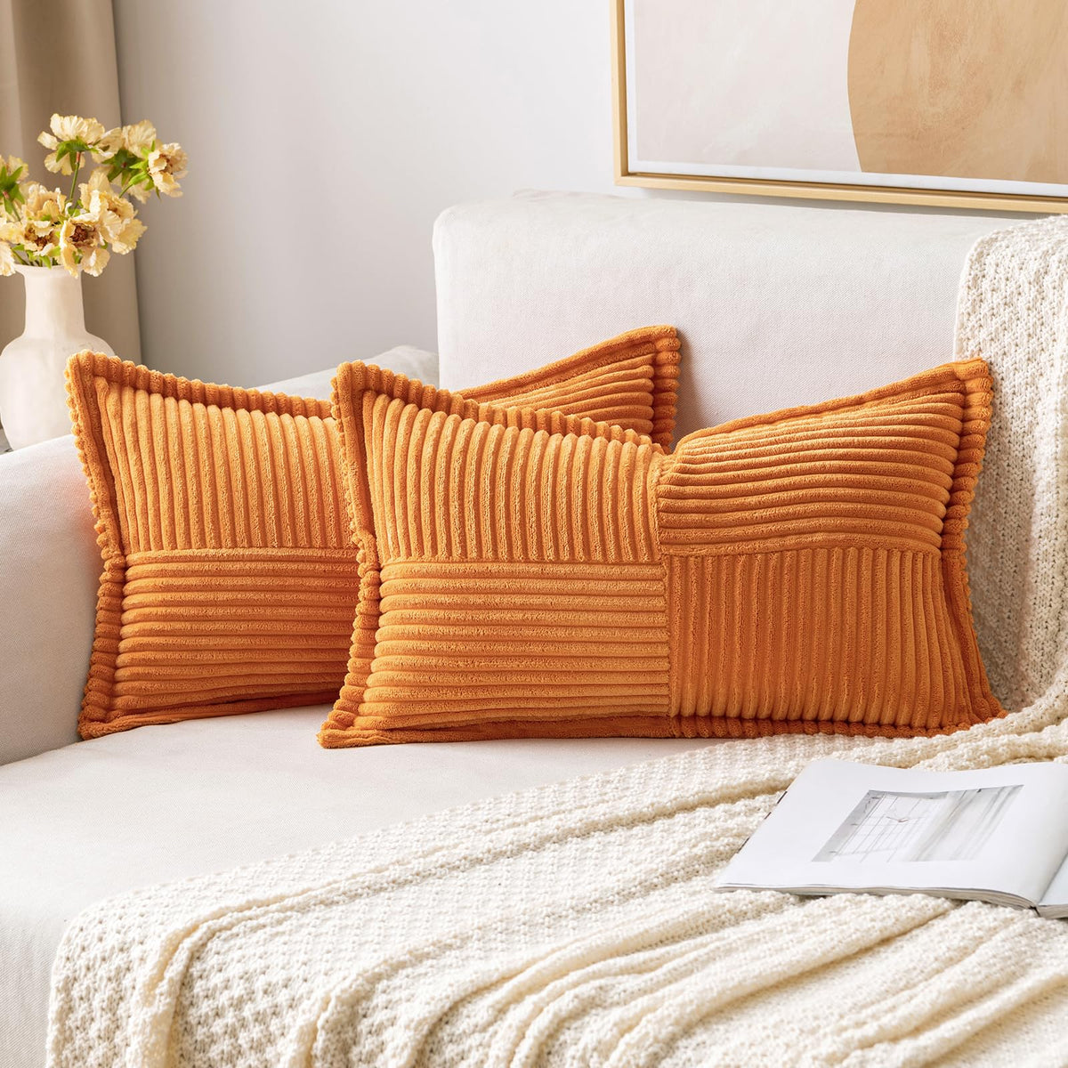 MIULEE Decorative Throw Pillow Covers for Couch 18x18 Inch Beige 2 Pack | Boho Broadside Striped Patchwork Pillow Covers, Soft Corduroy Cushion Cases, For Sofa Bed Livingroom Home Decor