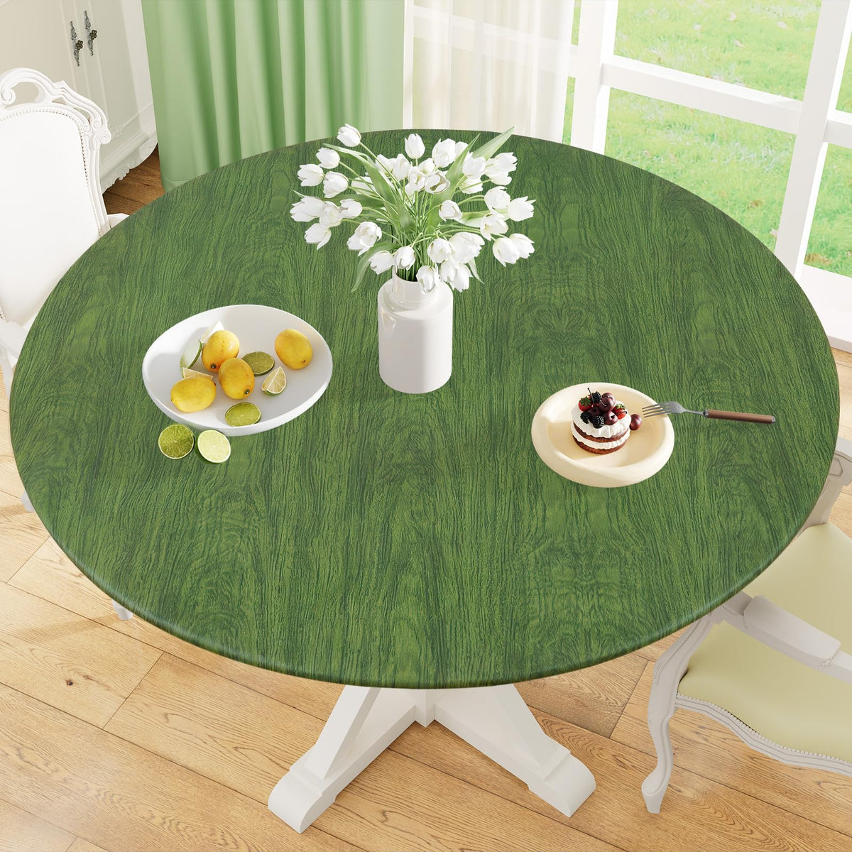 Round Fitted Tablecloth with Elastic Edge, 100% Waterproof Oil Proof Plastic Table Cover, Vinyl Flannel Backed Tablecloth Fits 36"-44" Round Tables for Dinner, Outdoor, Picnic, Oak Wooden Grain