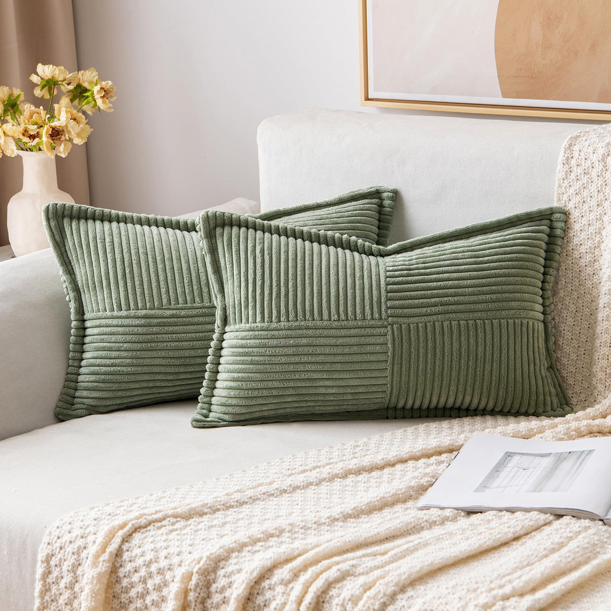 MIULEE Decorative Throw Pillow Covers for Couch 18x18 Inch Beige 2 Pack | Boho Broadside Striped Patchwork Pillow Covers, Soft Corduroy Cushion Cases, For Sofa Bed Livingroom Home Decor