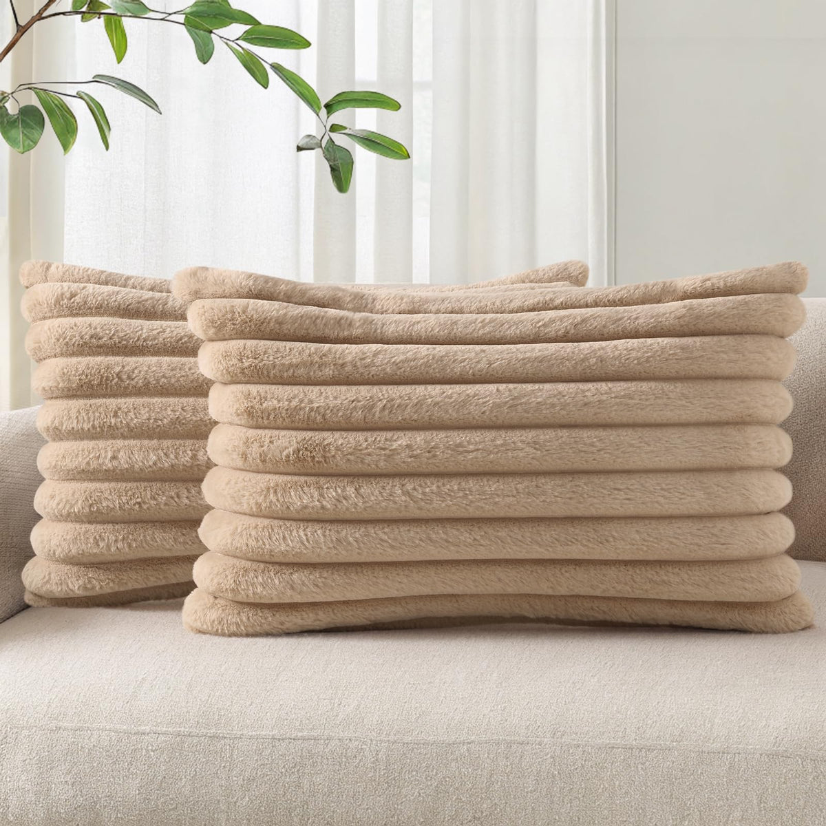 Pallene Faux Fur Decorative Throw Pillow Covers 18x18 Set of 2, Cream White | Luxury Plush Texture, Striped Design, Cozy Soft Touch, Modern Home Accent Decor for Couch, Sofa, Bed, Living Room