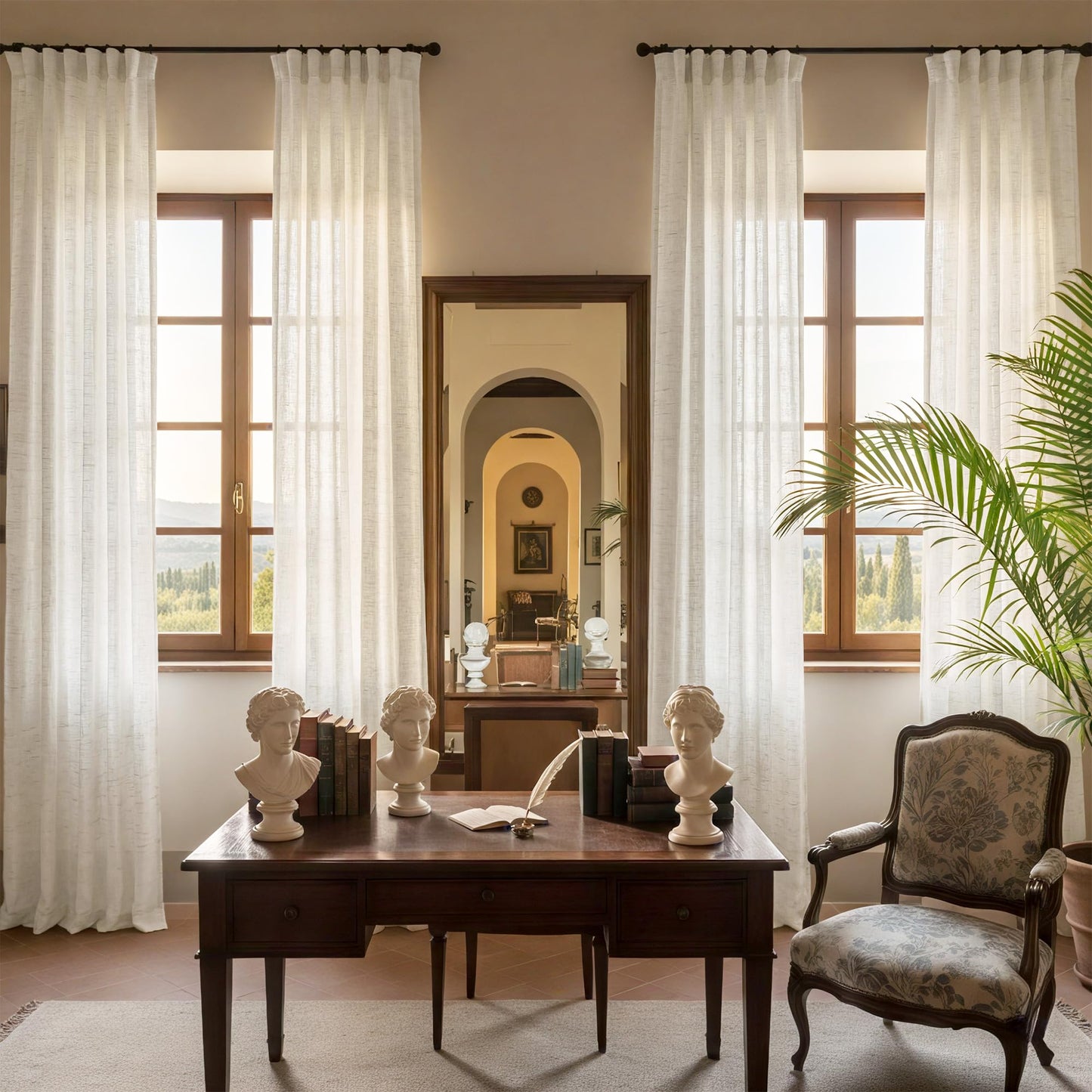 NICETOWN White Linen Sheer Curtains and Drapes 84 inches Long, Rod Pocket & Back Tab semitransparent with Light Through Vertical Window Treatments for Sliding Glass Door & Living Room, 52"W, Set of 2
