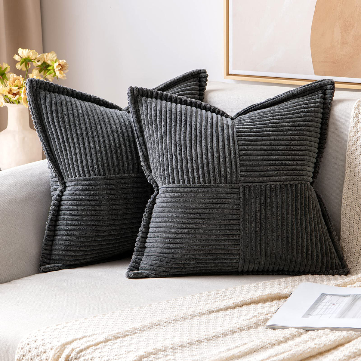 MIULEE Decorative Throw Pillow Covers for Couch 18x18 Inch Beige 2 Pack | Boho Broadside Striped Patchwork Pillow Covers, Soft Corduroy Cushion Cases, For Sofa Bed Livingroom Home Decor