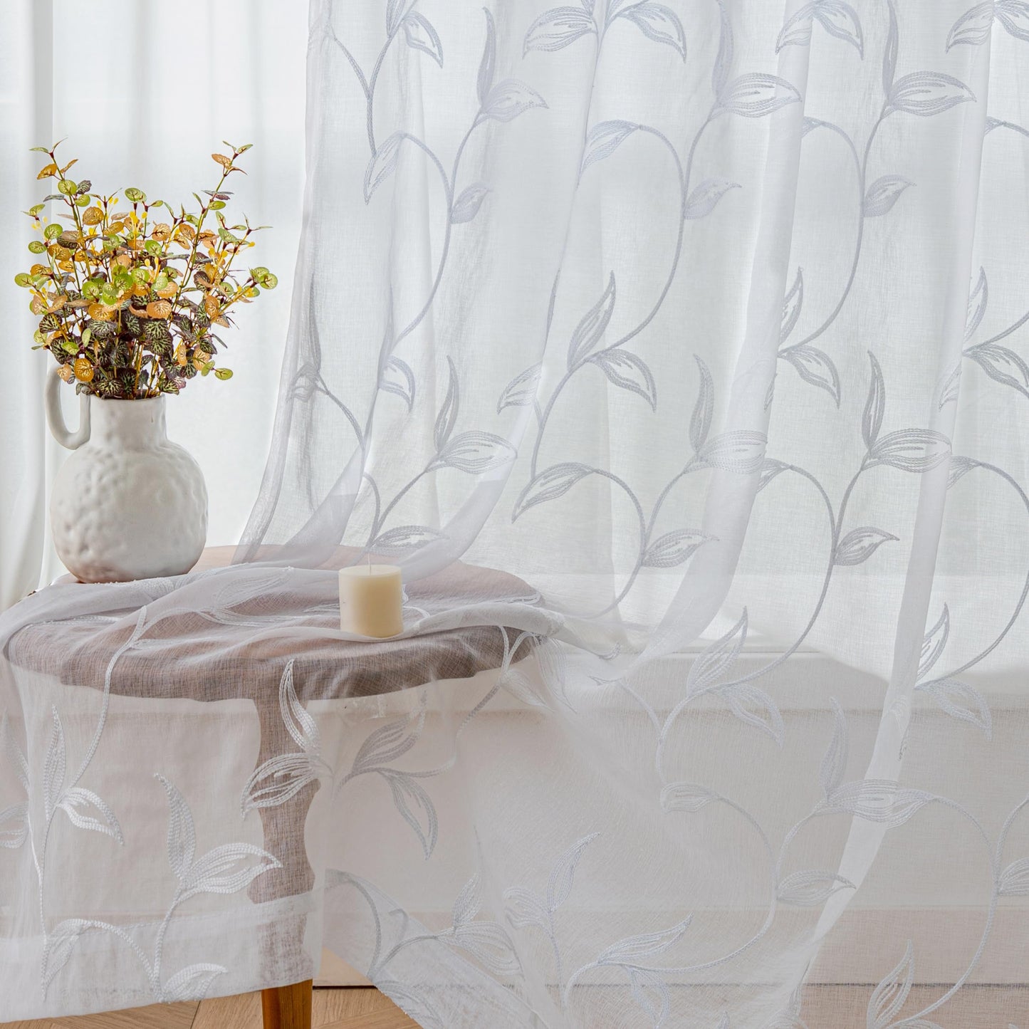 Sheer Curtains Boho Leaf Floral Embroidered Cream Beige 54Wx84L | Light Filtering Semi Sheer Voile Curtains With Design, Rod Pocket Window Drapes for Bedroom Living Room 2 Panels