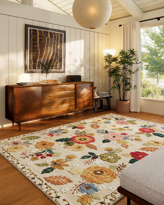 5x7 Area Rugs for Living Room: Machine Washable Rug for Bedroom Non Slip Low Pile Soft Faux Wool Non Shedding Distressed Vintage Floral Carpet for Dining Room Kitchen Entryway Farmhouse Office Indoor