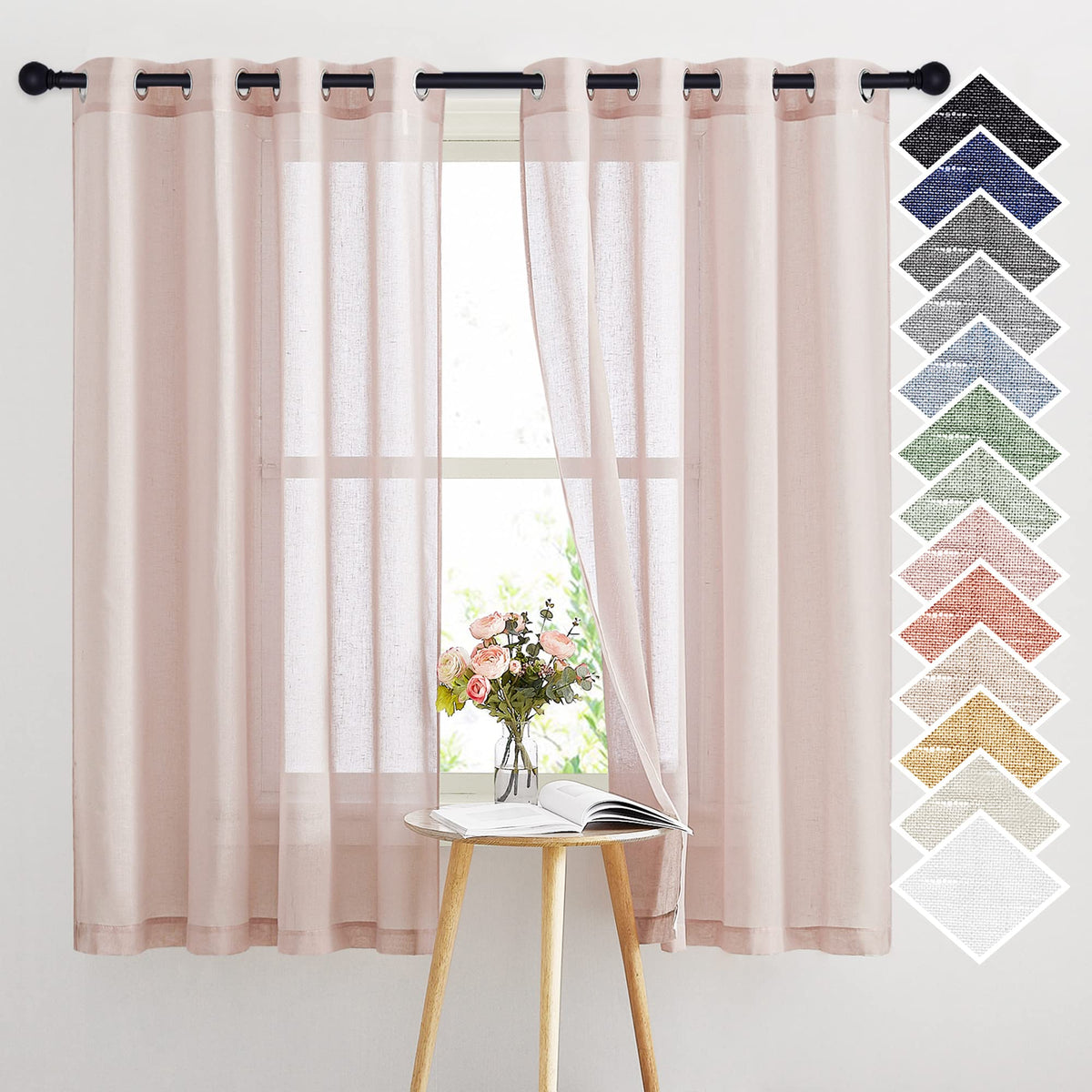 NICETOWN White Sheer Linen Curtains for Living Room 84 inch Length 2 Panels Set, Grommet Semi Sheer Privacy with Light Filtering Flax Window Treatments for Bedroom, W52 x L84