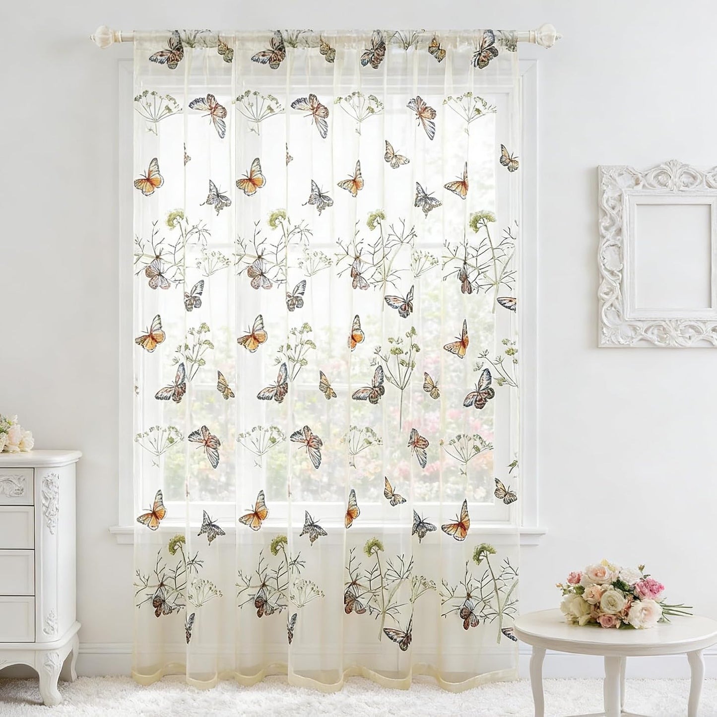 AiFish Embroidered Butterfly Window Semi Sheer Curtains for Kids Room Country Style Dandelion Pattern Room Divider Rod Pocket Tulle Gauze Voile Panel Drapes for Living Room 1 Panel W39 x L84 inch