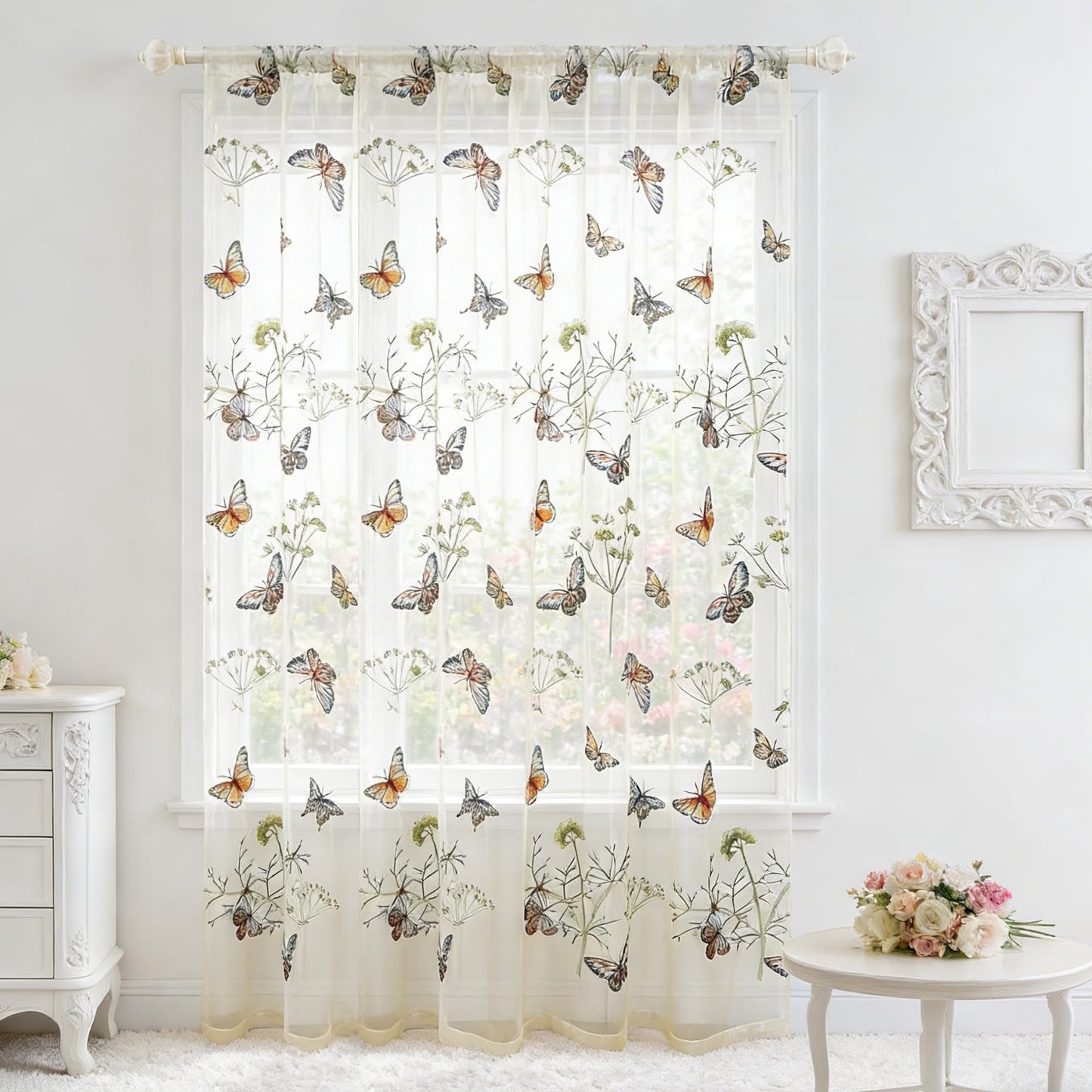 AiFish Embroidered Butterfly Window Semi Sheer Curtains for Kids Room Country Style Dandelion Pattern Room Divider Rod Pocket Tulle Gauze Voile Panel Drapes for Living Room 1 Panel W39 x L84 inch