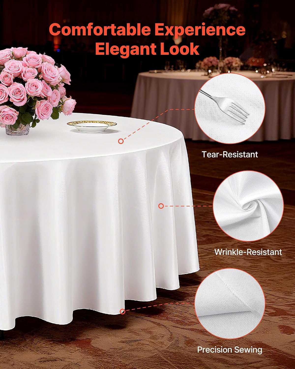 VEVOR White Round Tablecloths 10 Pack, 132 Inches in Diameter, Stain- & Wrinkle- Resistant, Machine Washable Table Clothes, Polyester Fabric Table Covers for Wedding, Party, Banquet, Formal Events