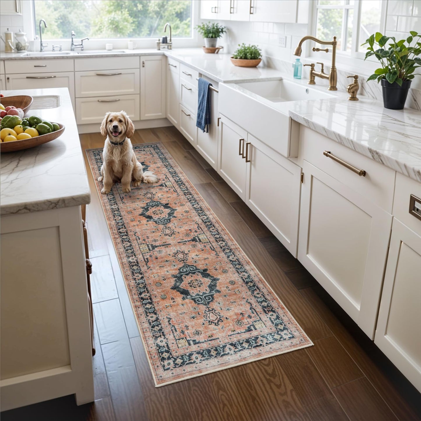 2x6 Hallway Washable Runner Rug : Vintage Soft Kitchen Laundry Runner with Non Slip Backing Farmhouse Entryway Living Room Floor Mat Stain Resistant Carpet for Bedroom Bathroom Distressed Beside Rug