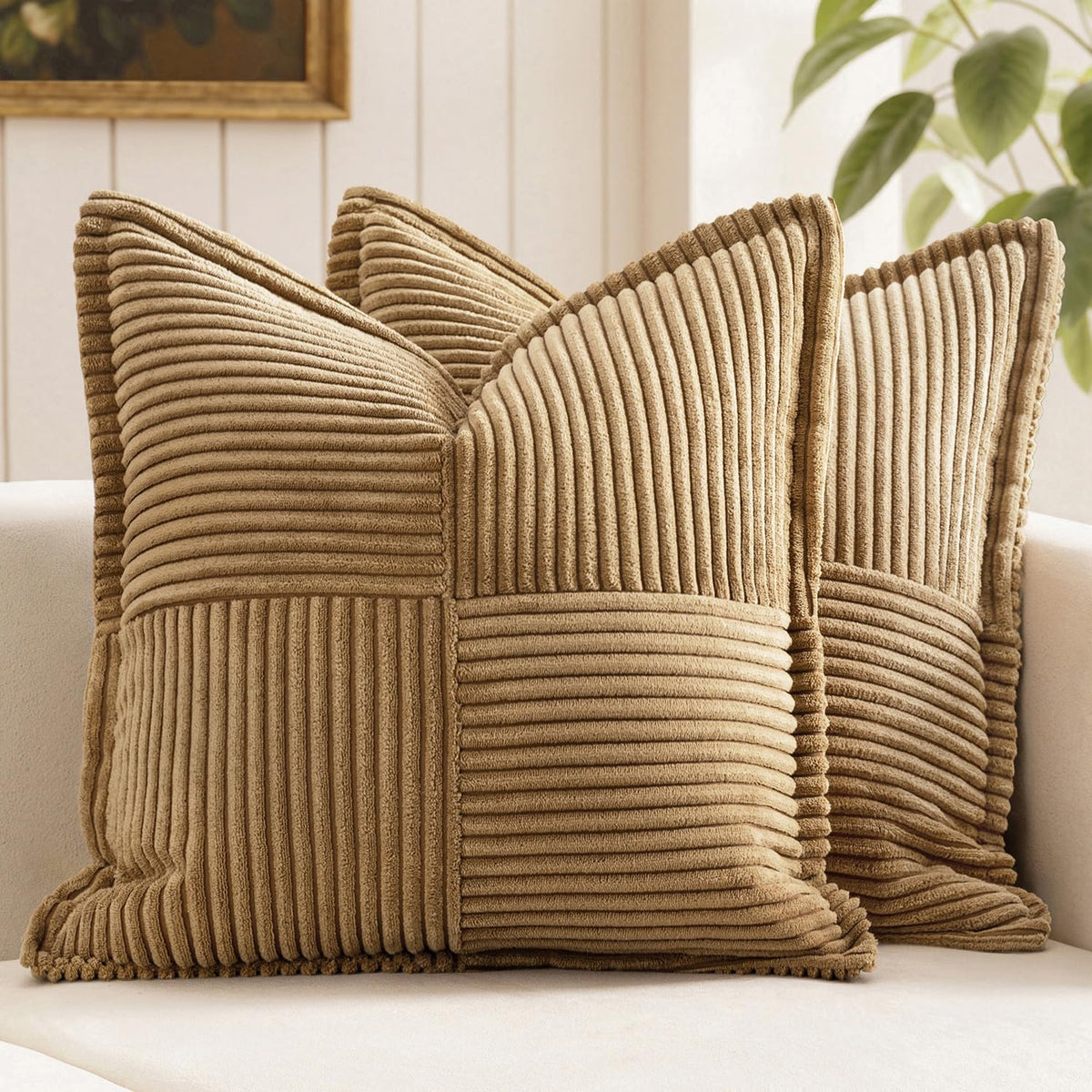 MIULEE Decorative Throw Pillow Covers for Couch 18x18 Inch Beige 2 Pack | Boho Broadside Striped Patchwork Pillow Covers, Soft Corduroy Cushion Cases, For Sofa Bed Livingroom Home Decor