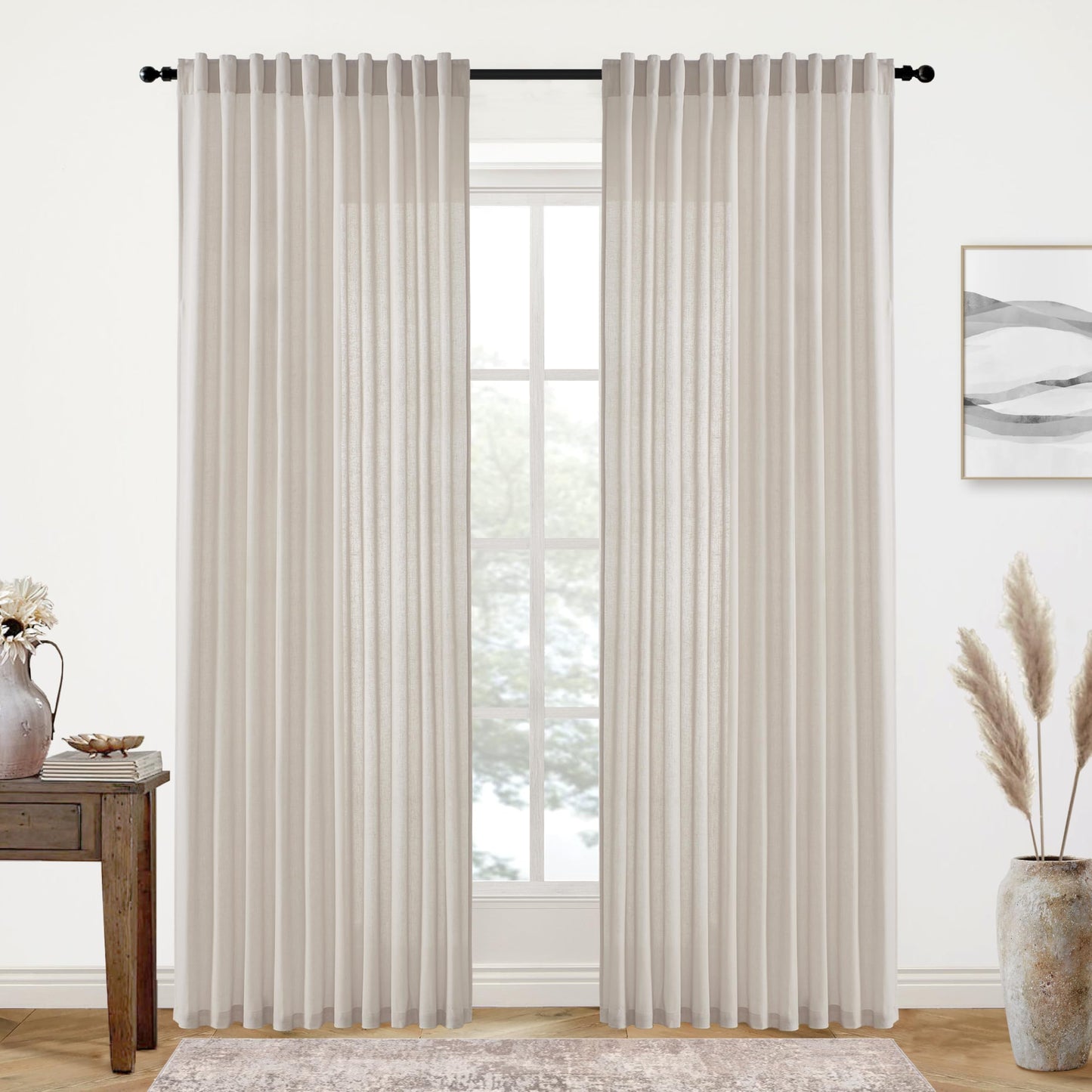 Linen Cotton Curtains for Living Room, Cream Off White Natural Fabric Light Filtering Semi Sheer Curtains 84 Inches Long, Ivory Pleated Farmhouse Curtain Drapes 84 Inch Length 2 Panels Set Dining Room
