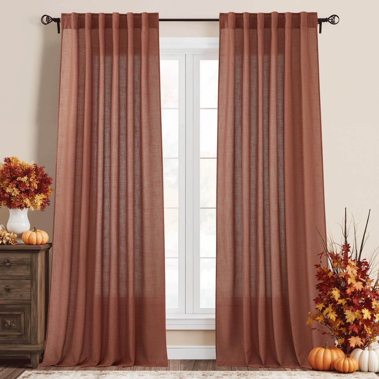 RYB HOME White Sheer Curtains for Living Room Patio Glass Door, W52 x L95 | Linen Texture, Light Filtering Privacy, Airy Translucent, Back Tab, Bedroom Office Balcony, W52 x L95, 2 Panels