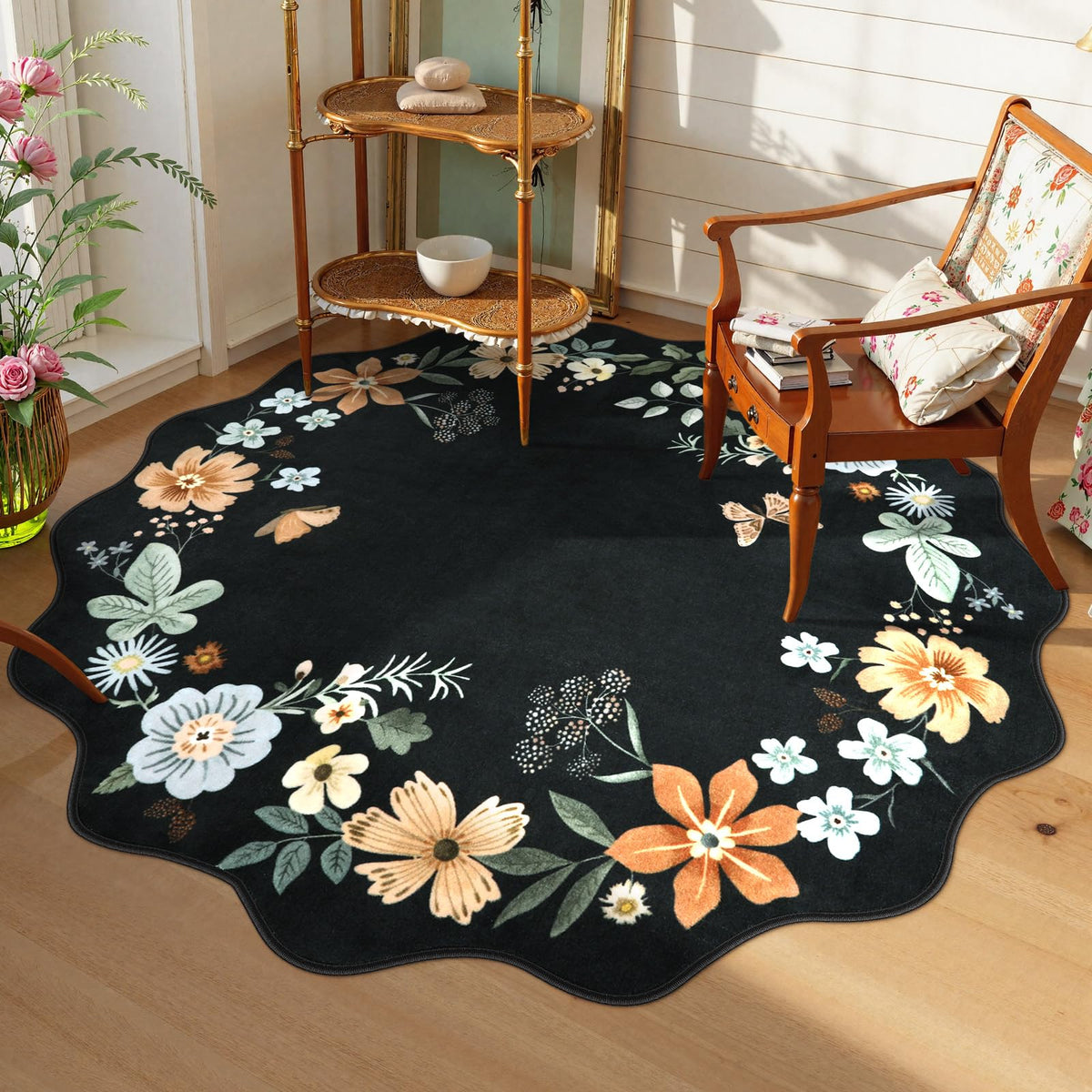 Lahome Floral Rugs for Living Room, 5x7 Area Rugs Ultra-Thin Soft Washable Rug, Non-Slip Bedroom Rug Stain Resistant Boho Flore Carpet for ‎Dining Room Office (5x7ft,Black/Grey)