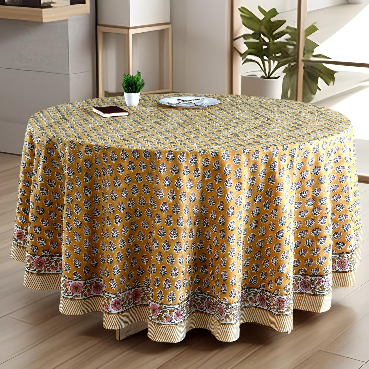 CPC Apatite Blue Block Print Cotton Handmade Round Tablecloth 110 Inch Decorative Table Cover for Home Decor, Dinning, Festive, Wedding, Farmhouse Gift for Spring, Mother's Day