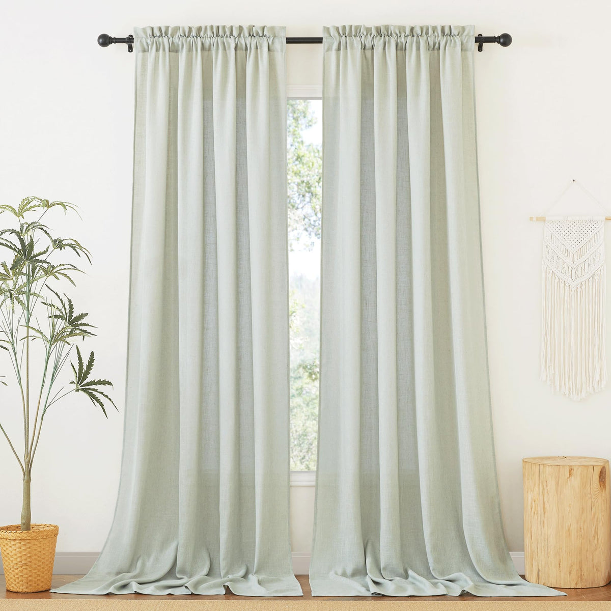 RYB HOME White Semi Sheer Curtains 84 inches Long for Living Room | Half Privacy, Linen Textured, Sheer Light Filtering, Vertical Window Drapes, for Bedroom Dining, White, W52 x L84, 2 Panels