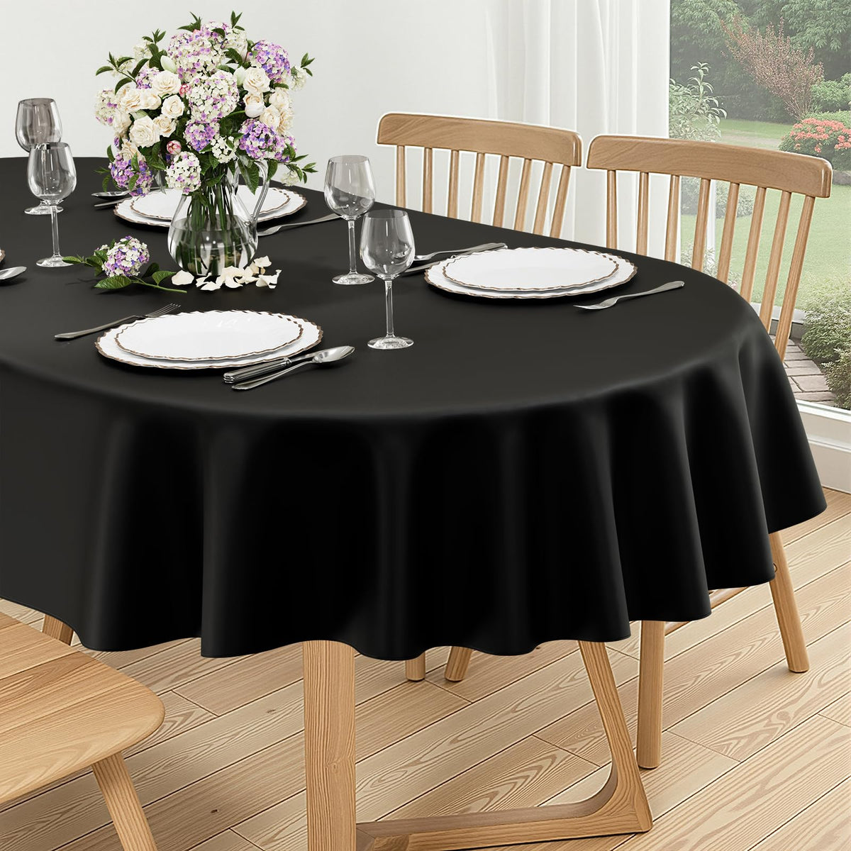 Round Navy Blue Vinyl Waterproof Tablecloth with Flannel Backed | Spillproof Wipe Clean Table Cloth, Plastic Flannel Backing for Dining, Buffet Parties Picnic Camping, 60"