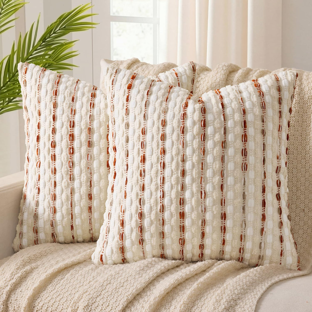 ANRODUO Boho Decorative Pillow Covers Olive Green Stripe 18x18 Pack of 2 | Throw Pillow Covers, Farmhouse Cushion Case, Chenille Pillow Cases, Pillow Covers, Accent Neutral Pillowcase for Couch Bed