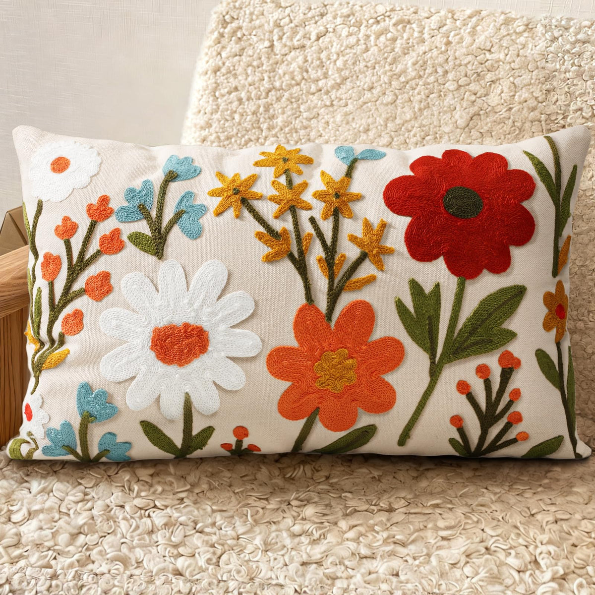 Embroidered Throw Pillow Cover 18x18 Inch, Flower Cluster | Decorative Pillow Cover, Floral Farmhouse Cushion Case with Hidden Zipper, Home Decor for Couch, Sofa, Living Room, Bedroom