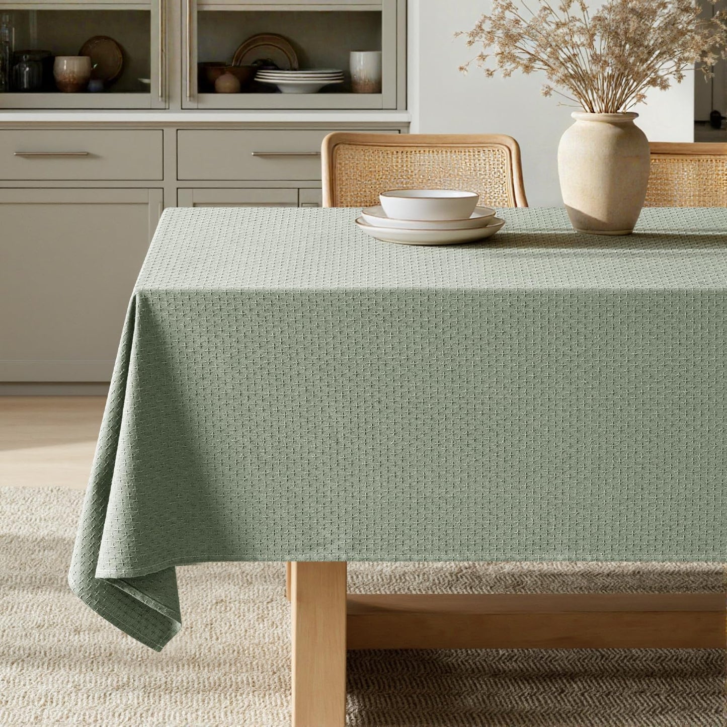 MIULEE Natural Beige Linen Cotton Table Cloth Rectangle Tablecloth Spring Waterproof Spillproof Cross-Star Textured Table Cloth Decorative Farmhouse Style for Dining Party Weddings 52x70 Inch
