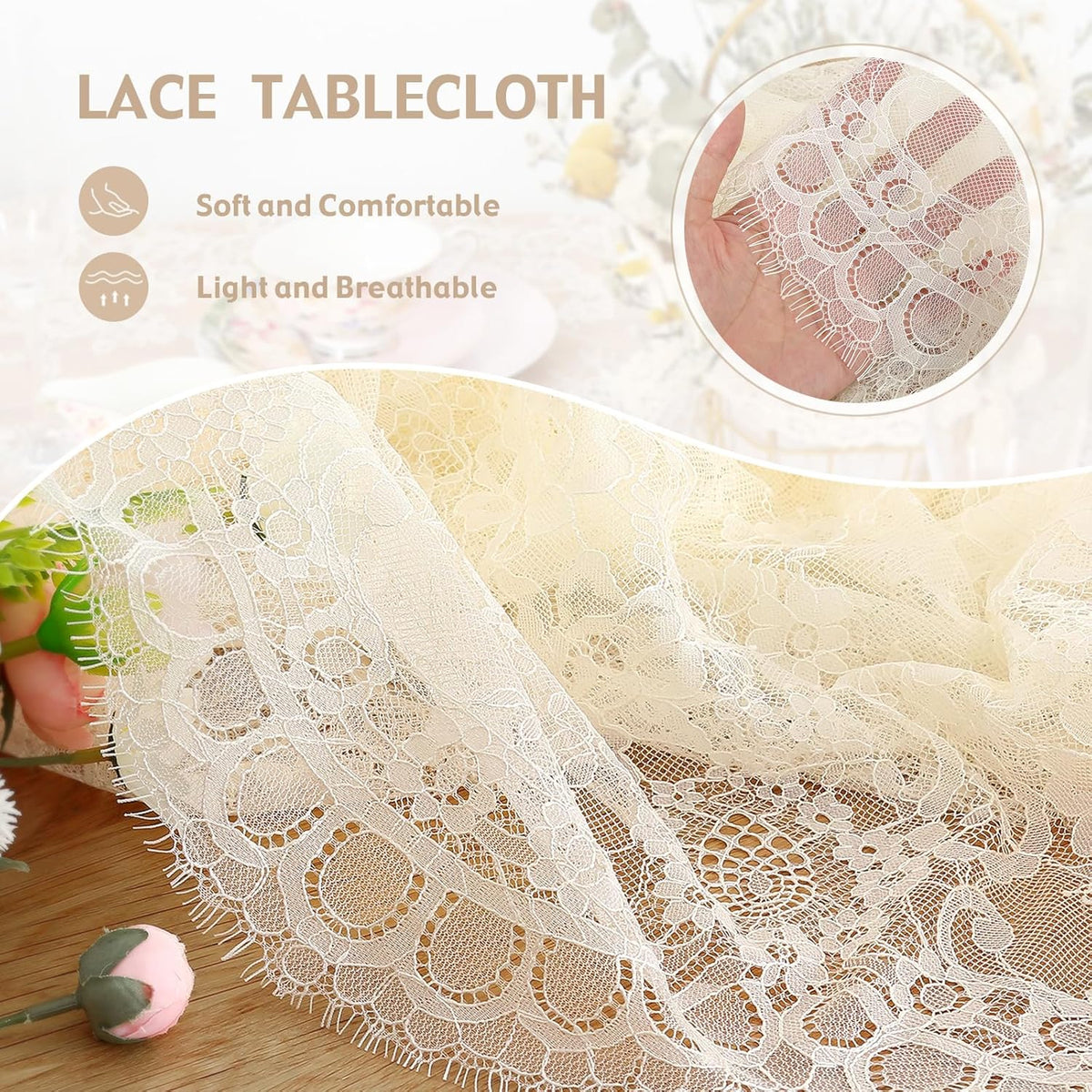 Fanqisi Ivory Lace Tablecloth 60x120 Inches Classic Wedding Lace Tablecloths Overlay Party Table Cover for Bridal Shower Reception Table Decoration