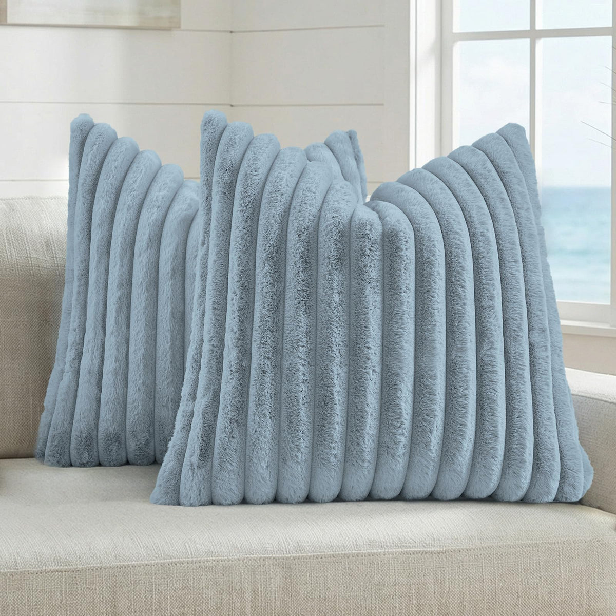 FUTEI Pack of 2 Faux Fur Throw Pillow Covers 18x18 Inch, Cream White | Fluffy Faux Rabbit Fur Front/Premium Velvet Back,Hidden Zipper,Machine Washable,Non-Shedding,Colorfast,Insert Not Included.