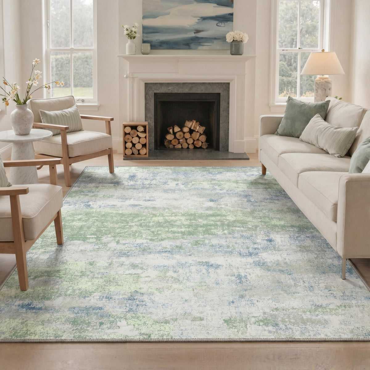 BEIMO 5x7 Green Abstract Area Rug, Washable Non-Slip for Bedroom | Soft Low-Pile Carpet, Lightweight and Easy to Vacuum, Sage Living Rooms, Dining Rooms, Bedrooms, and Home Offices