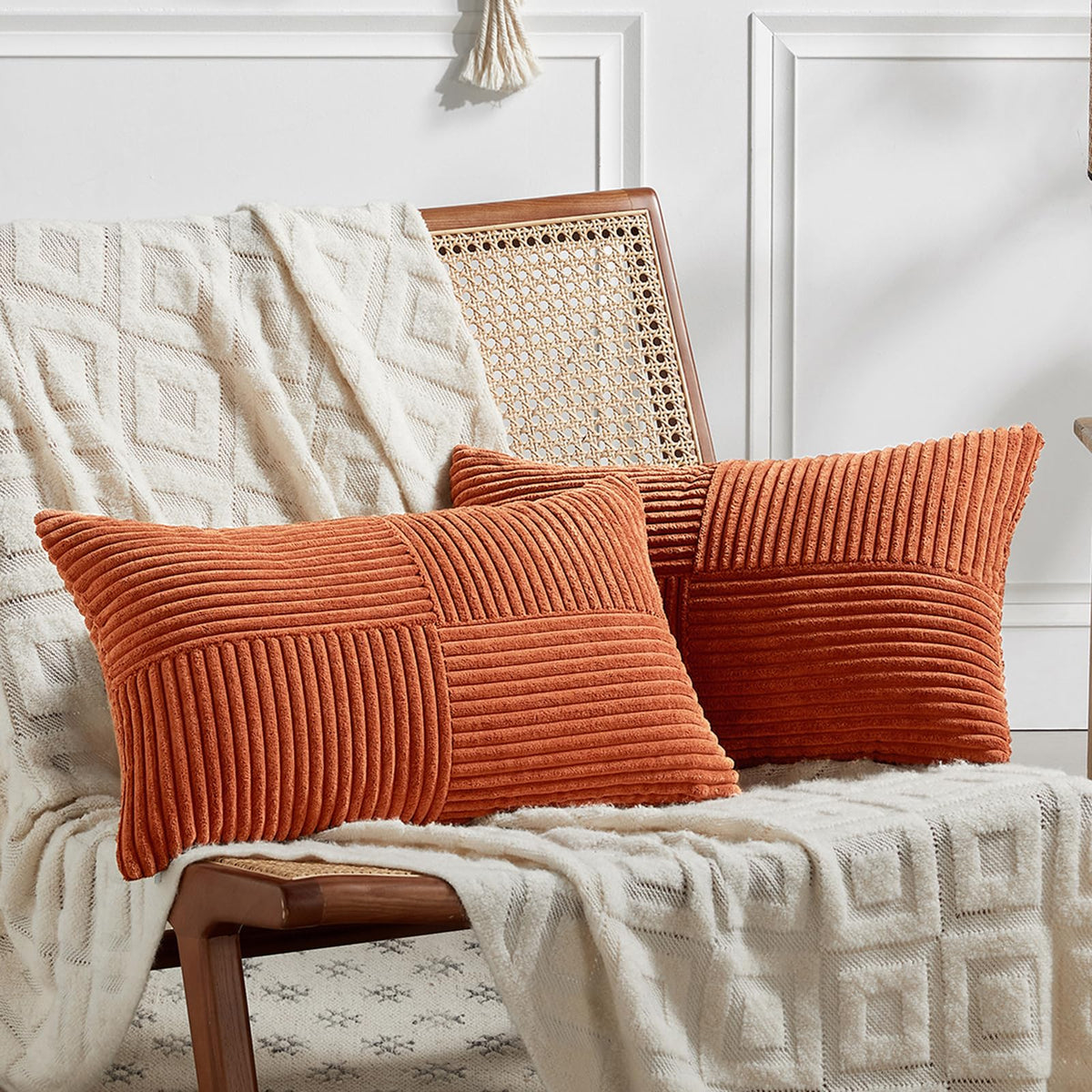 Fancy Homi 2 Packs Rust Boho Decorative Throw Pillow Covers 18x18 Inch for Couch Bed Sofa, Farmhouse Fall Home Decor, Soft Corss Corduroy Patchwork Textured Terracotta Accent Cushion Case 45x45 cm