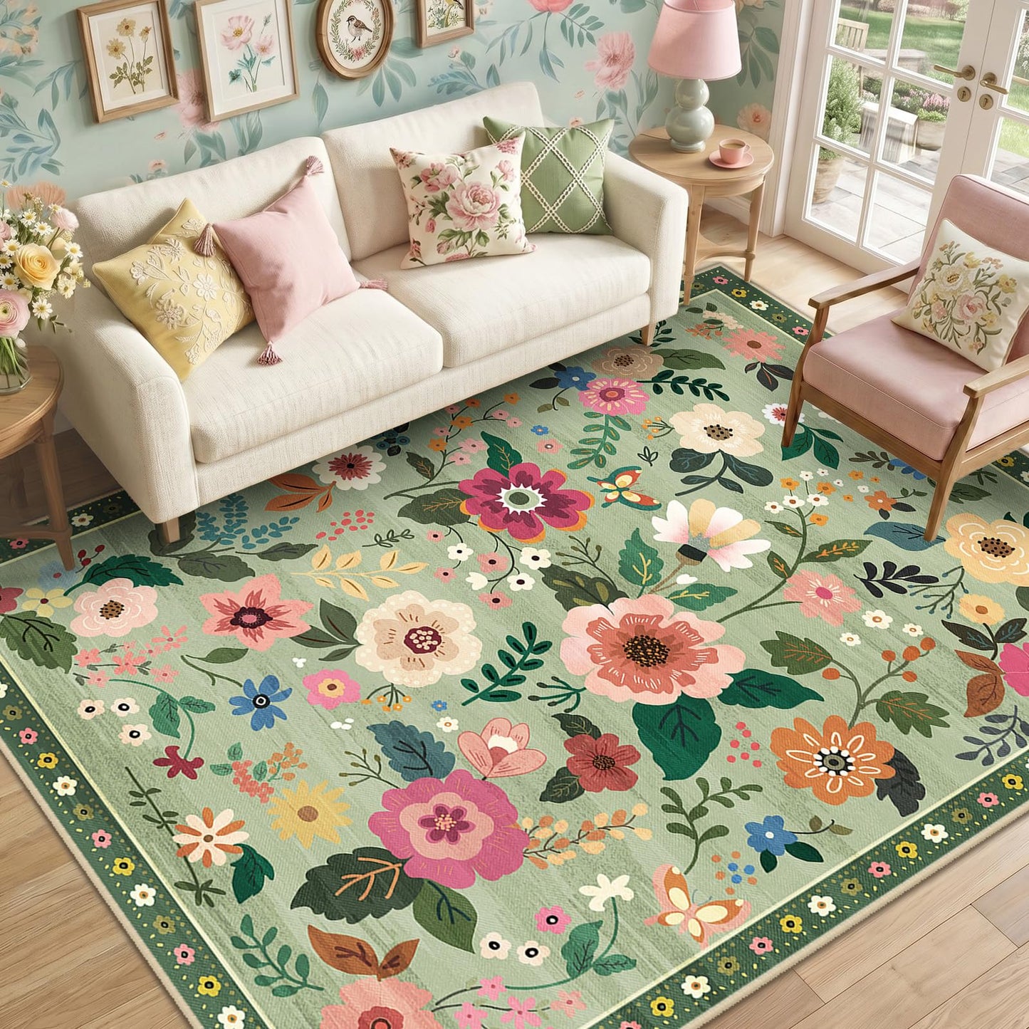 RELEANY Floral Washable 5x7 Area Rugs Beige/White/Orange | Flower Carpet, Print, Boho, Non-Slip, Easy to Clean, Soft, Low Pile for Living Room Bedroom Kitchen Office Entryway Hallway