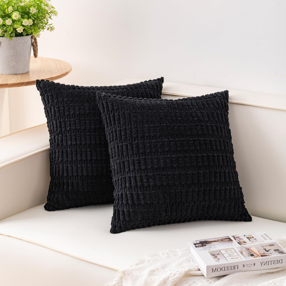 Pack of 2 Corduroy Decorative Throw Pillow Covers 18x18 Inch, Cream White | Fall Soft Striped Pillow Covers Modern Farmhouse Home Decor Christmas Throw Pillow Covers for Sofa Living Room Couch Bed ﻿