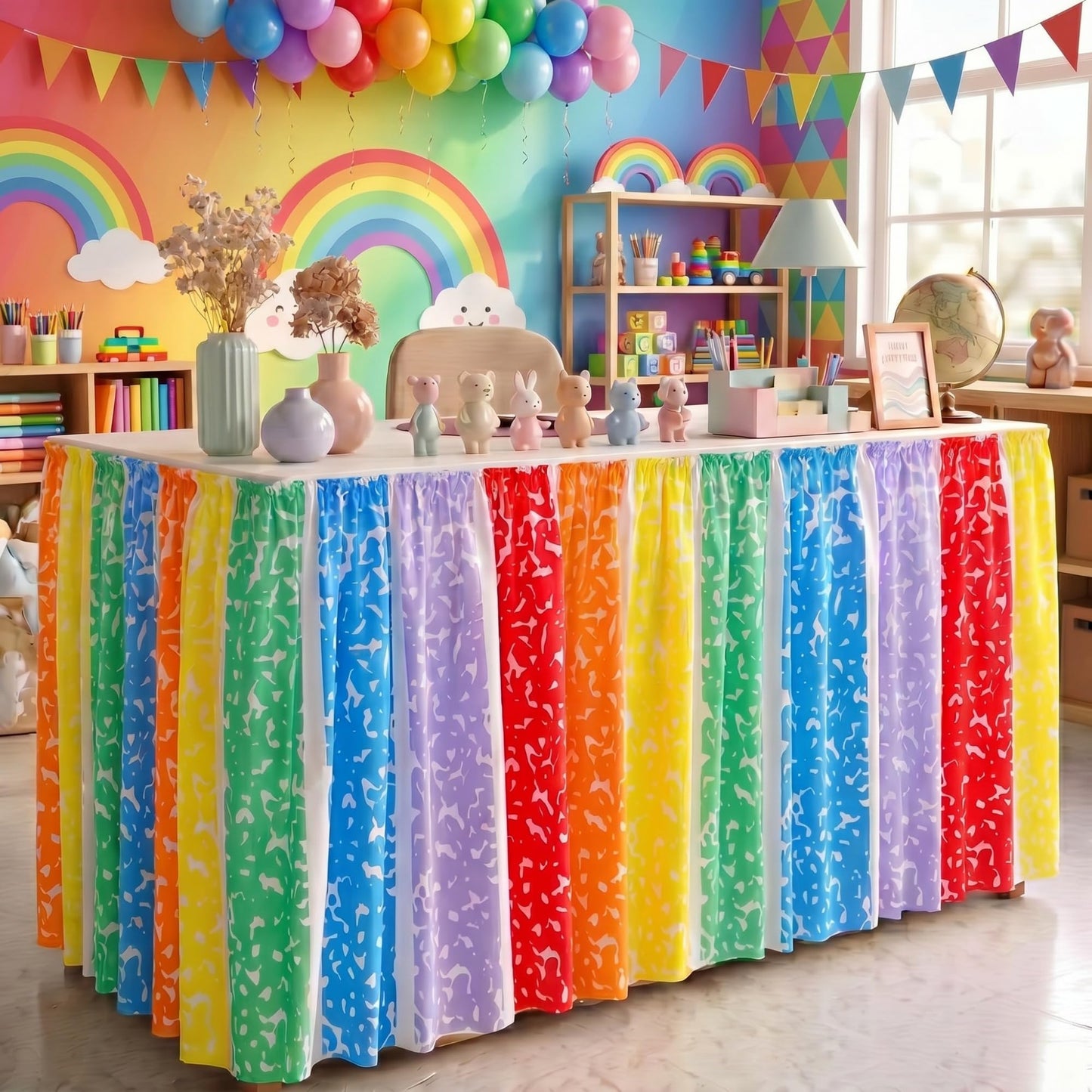 Teacher Desk Skirt 6 ft Pastel Checkered Classroom Decor | Ruffled Table Cover for Teacher Desk, Fits Kindergarten Office Decor, Back to School Classroom Supplies