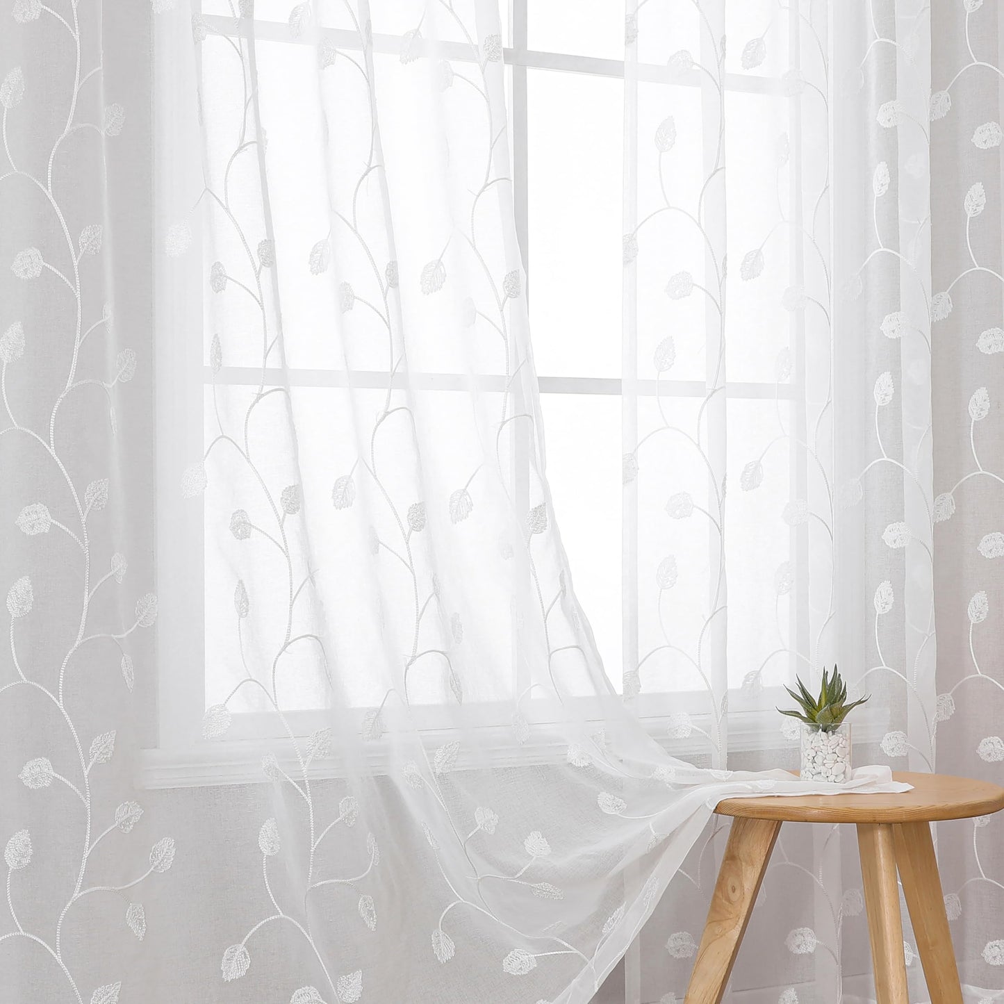 Sheer Curtains Boho Leaf Floral Embroidered Cream Beige 54Wx84L | Light Filtering Semi Sheer Voile Curtains With Design, Rod Pocket Window Drapes for Bedroom Living Room 2 Panels