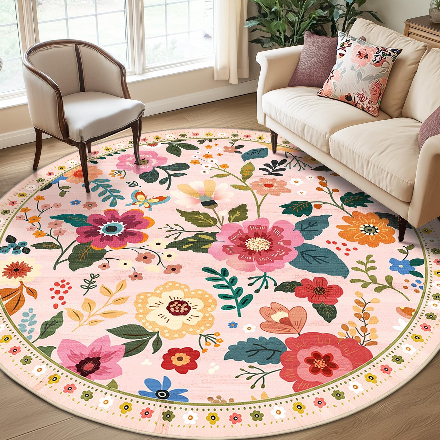 RELEANY Floral Washable 5x7 Area Rugs Black | Flower Carpet, Print, Boho, Non-Slip, Easy to Clean, Soft, Low Pile for Living Room Bedroom Kitchen Office Entryway Hallway