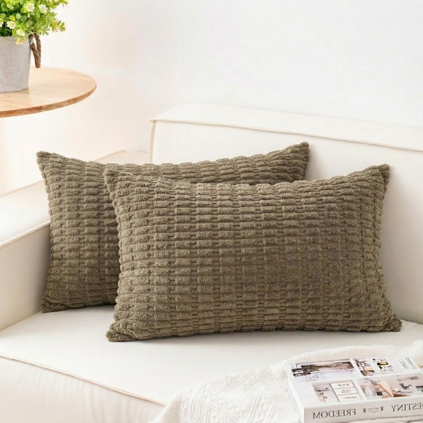 Pack of 2 Corduroy Decorative Throw Pillow Covers 18x18 Inch, Cream White | Fall Soft Striped Pillow Covers Modern Farmhouse Home Decor Christmas Throw Pillow Covers for Sofa Living Room Couch Bed ﻿