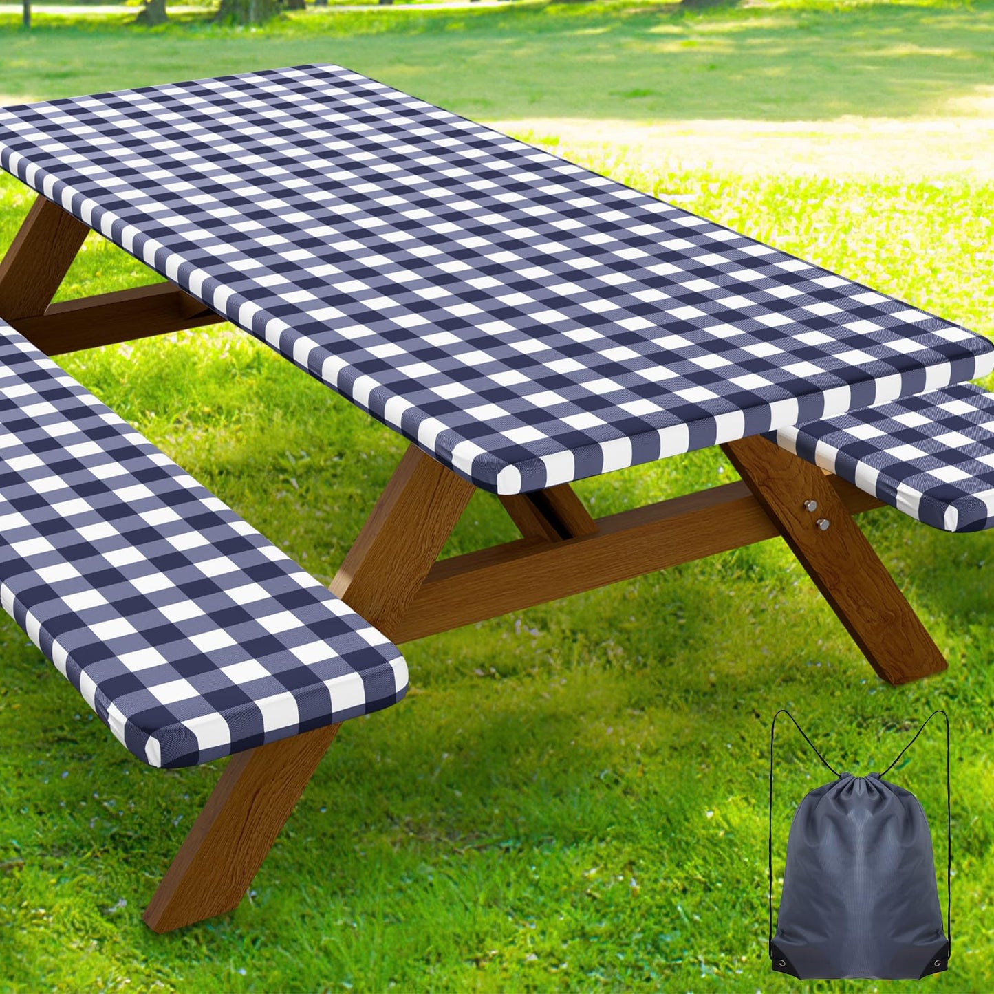 Smiry 6FT Picnic Table Cover with Bench Covers, Elastic Fitted Tablecloth | Waterproof Washable Rectangle Tablecloths ,Buffalo Plaid Tablecloth for Dining, Camping, Outdoor (Black & White, 30" x 72")