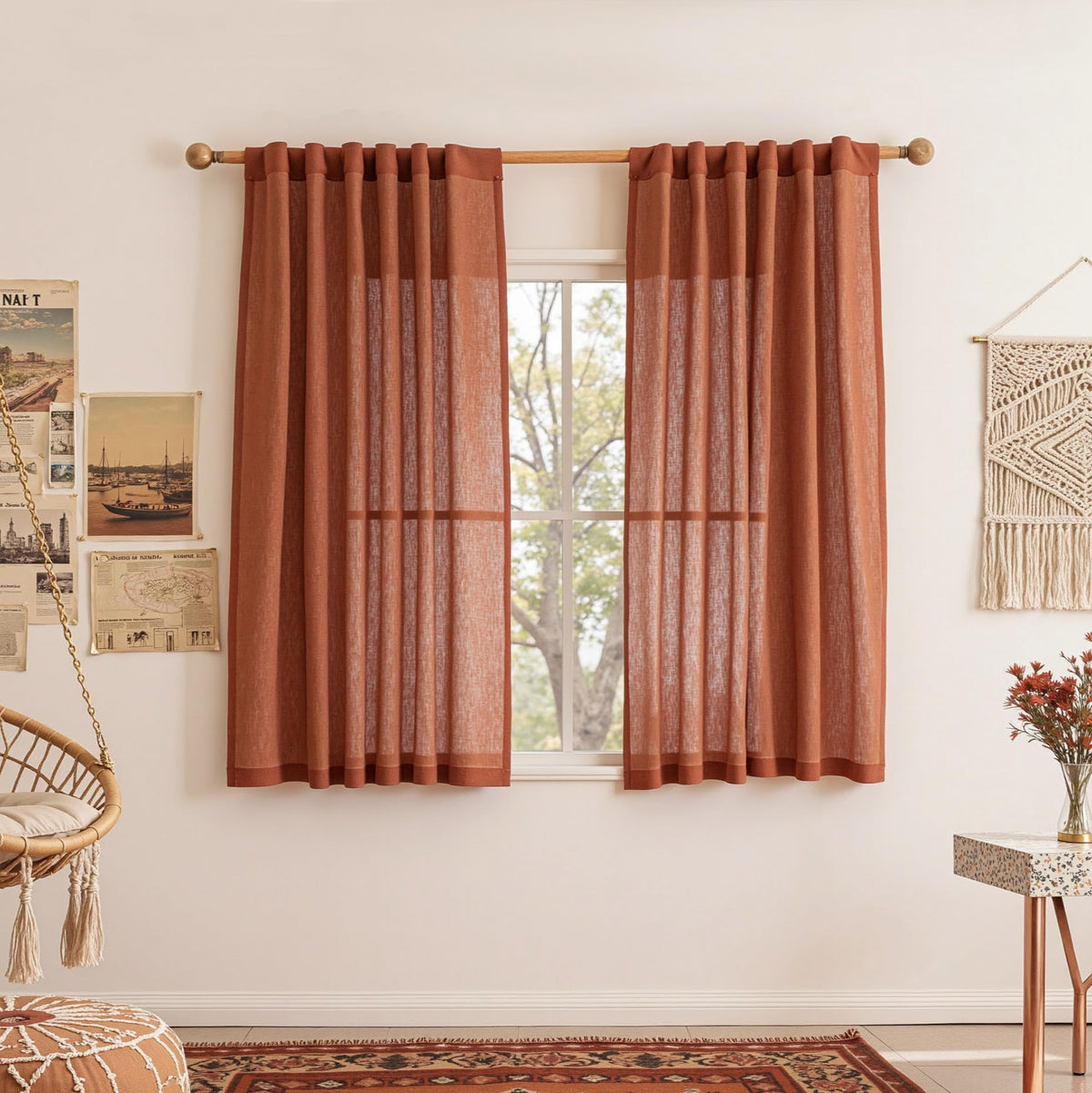 MYSKY HOME Linen Curtains for Living Room, Natural Semi Sheer Curtains & Drapes 84 inches Length 2 Panels Set Farmhouse Country Boho Style Back Tab Draperies for Sliding Glass Door, 50" Wide, Linen