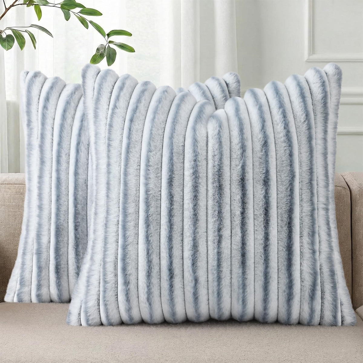 Pallene Faux Fur Decorative Throw Pillow Covers 18x18 Set of 2, Cream White | Luxury Plush Texture, Striped Design, Cozy Soft Touch, Modern Home Accent Decor for Couch, Sofa, Bed, Living Room